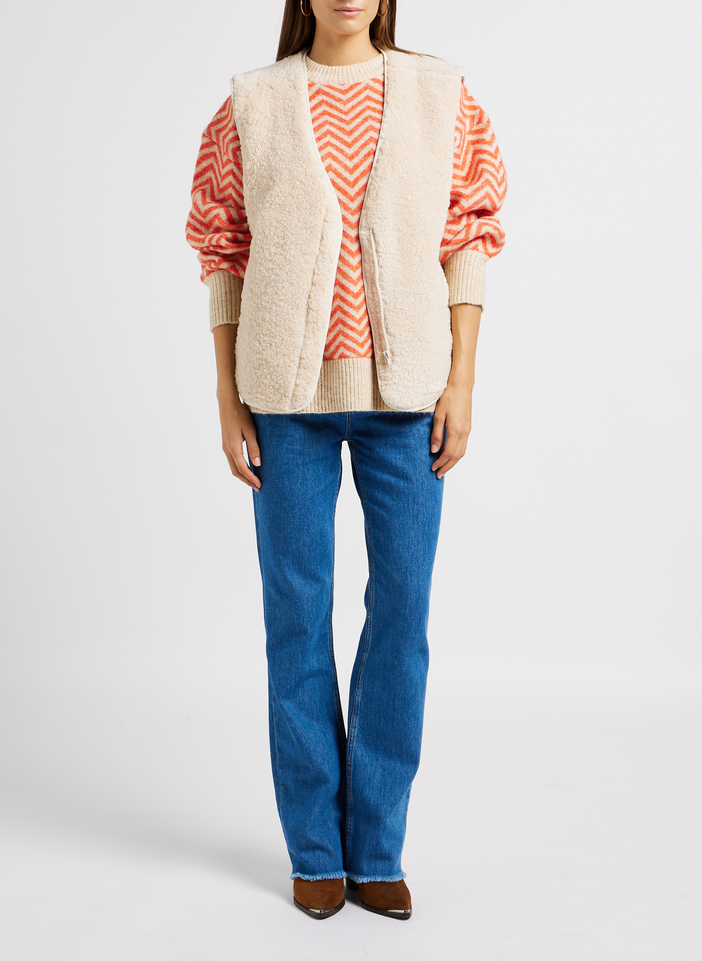 Weiter Rundhalspullover aus Strick-Mix mit Zickzackmuster OBJECT Beige