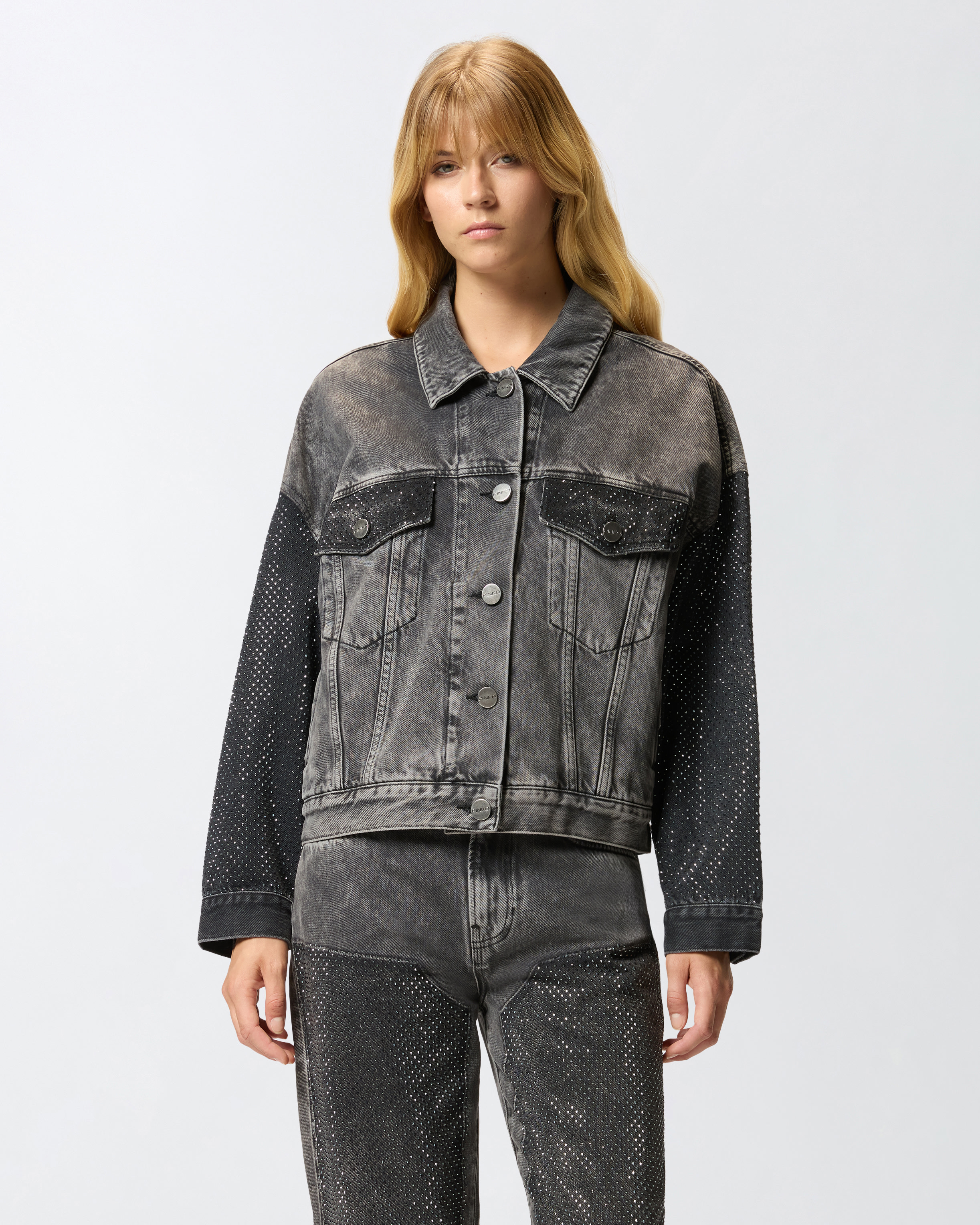 Denim trucker jacket with mini studs PINKO Grey