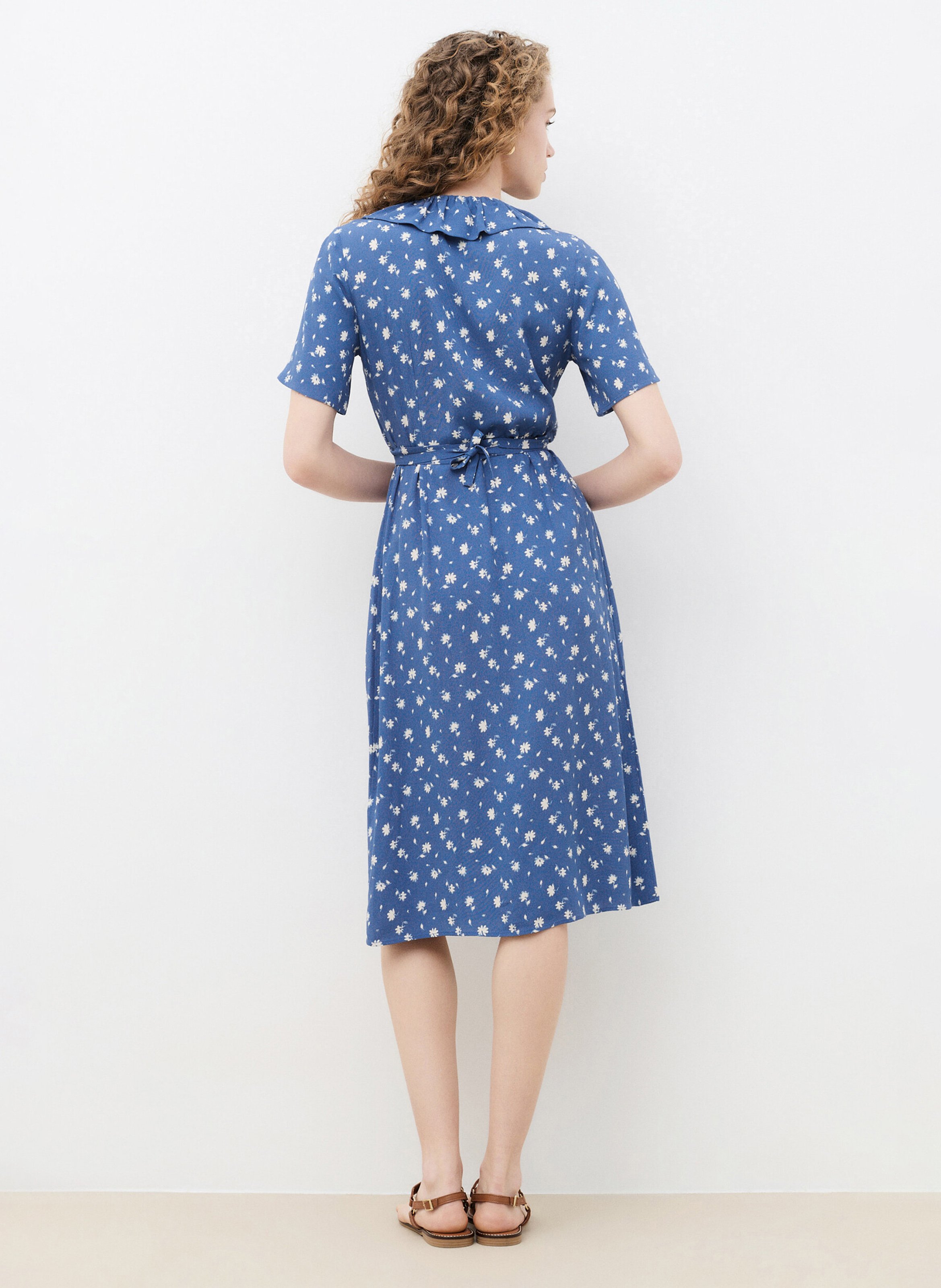 Robe midi col V à pois CAROLL Bleu