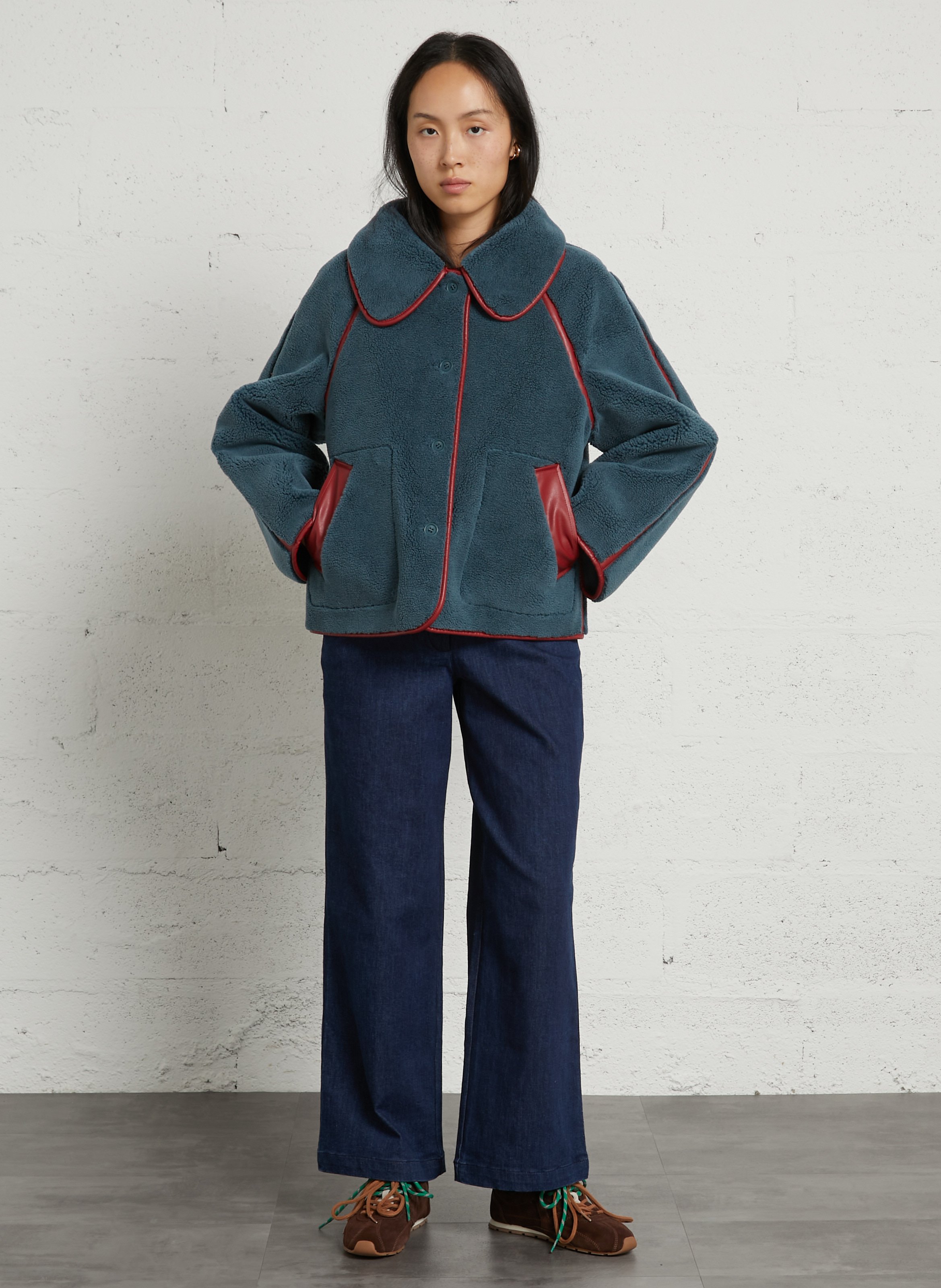 Straight jacket with Peter Pan collar in faux leather THE TINY BIG SISTER Blue