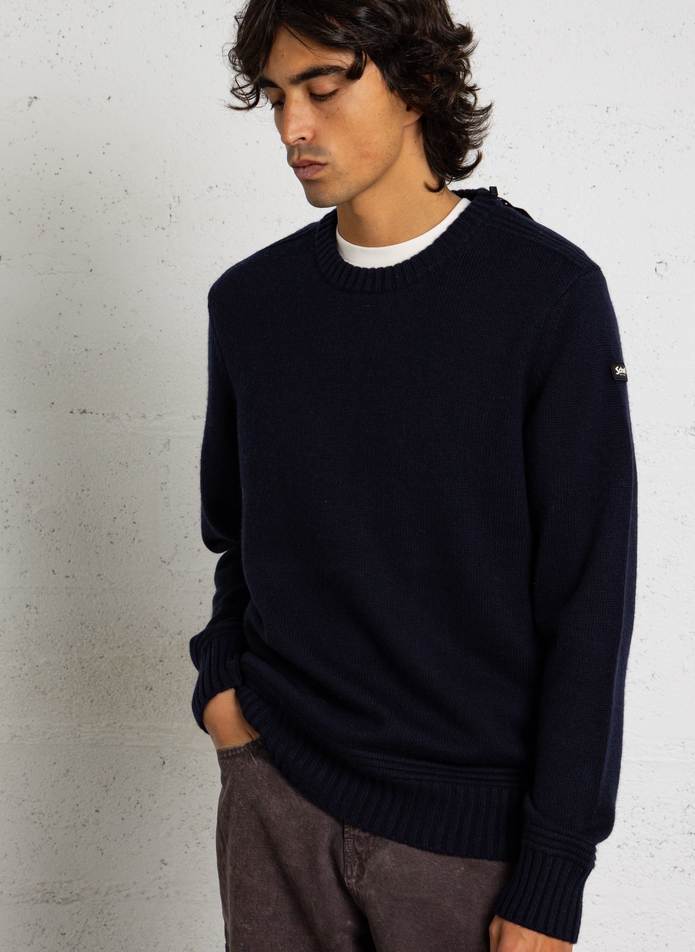Round-neck mixed-knit straight sweater SCHOTT Blue