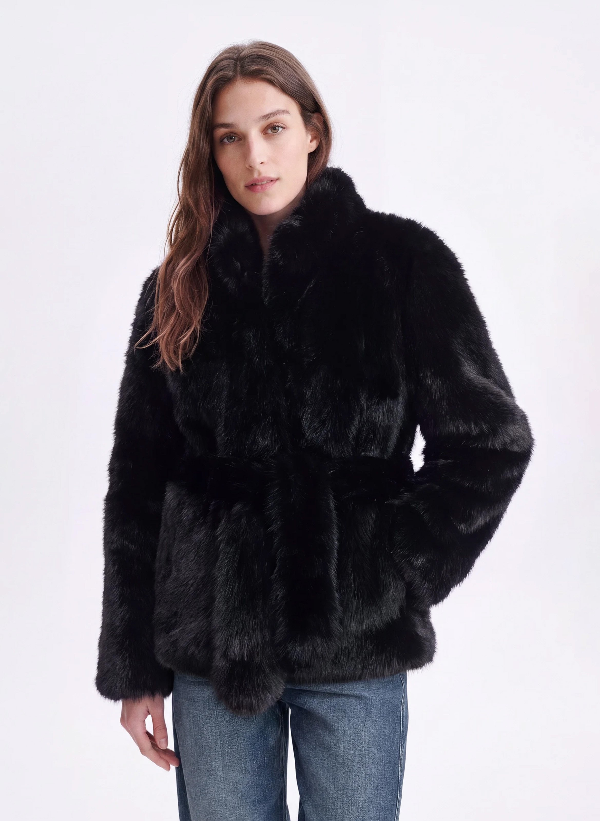Gerade geschnittene Jacke mit Stehkragen in Felloptik und Gürtel VANESSA BRUNO Schwarz
