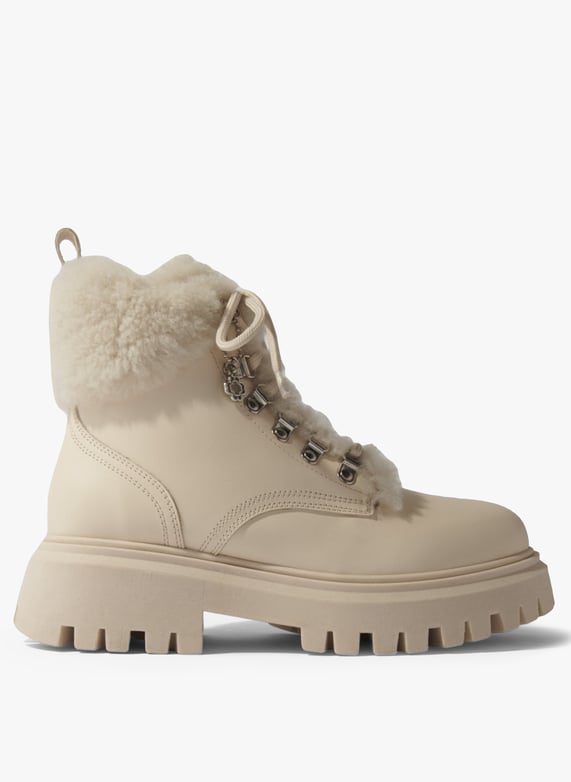 Beige Leather and faux fur boots