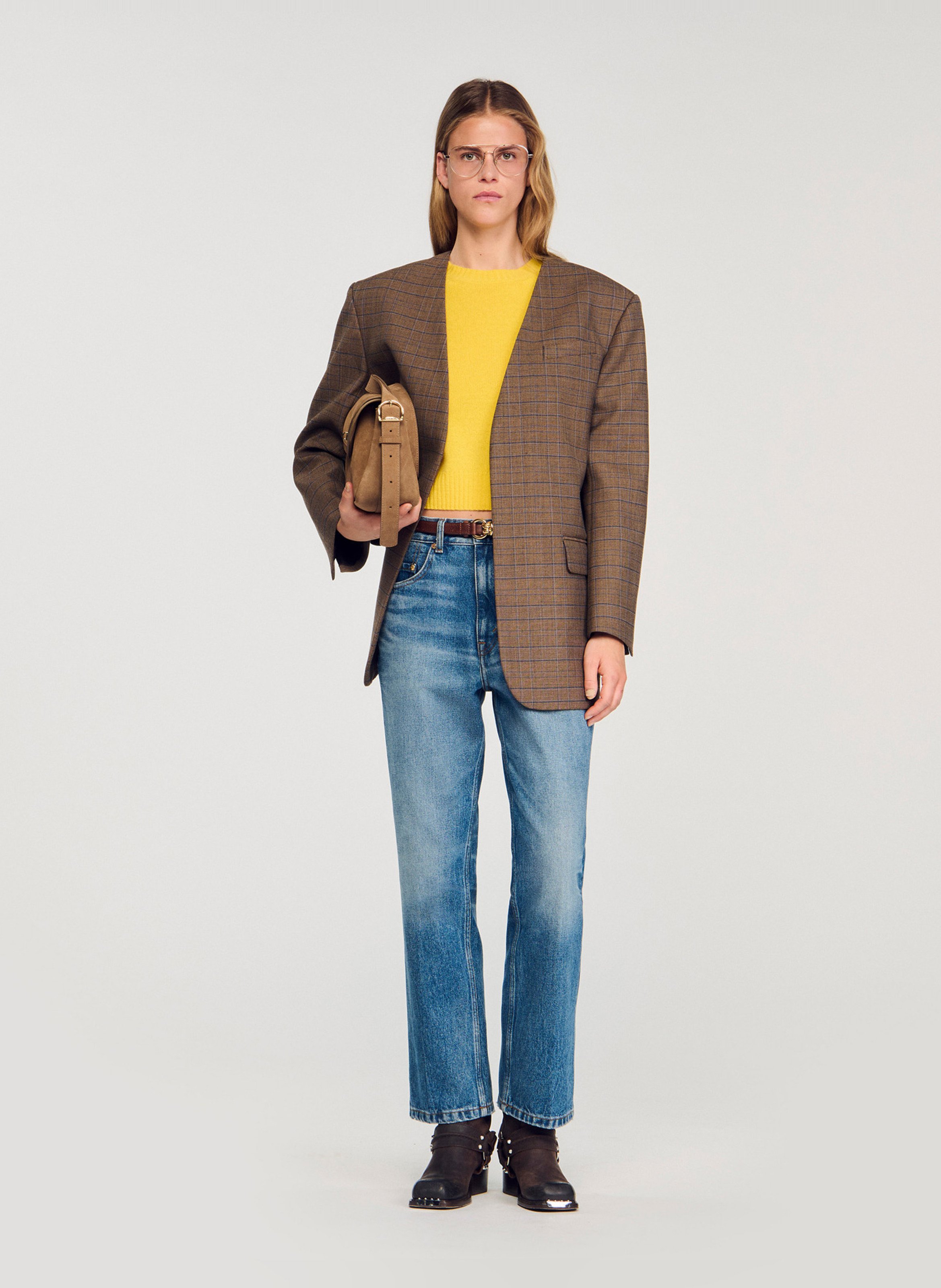 Veste col v à carreaux SANDRO Marron