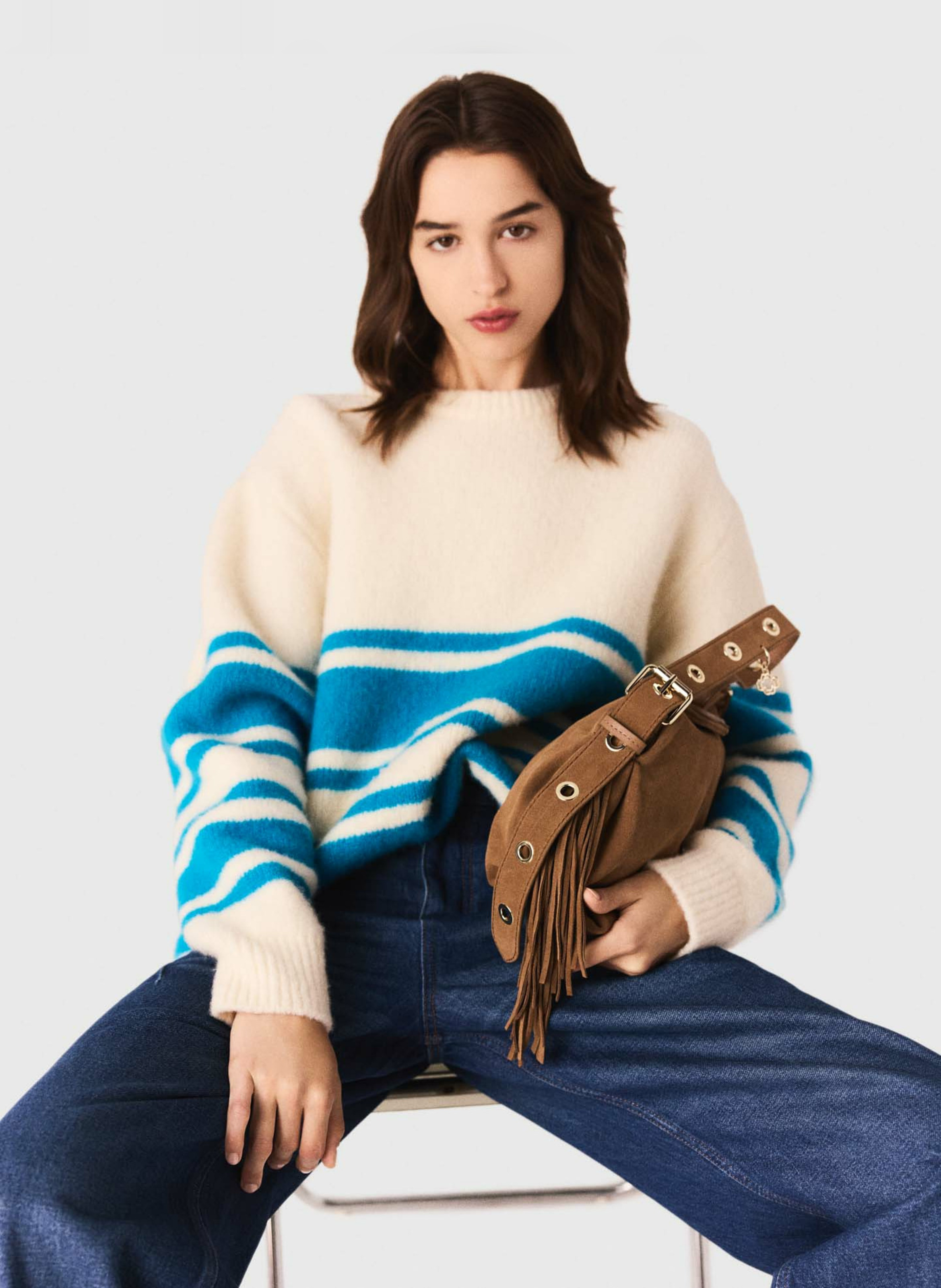 Round neck striped wool blend sweater MAJE Beige