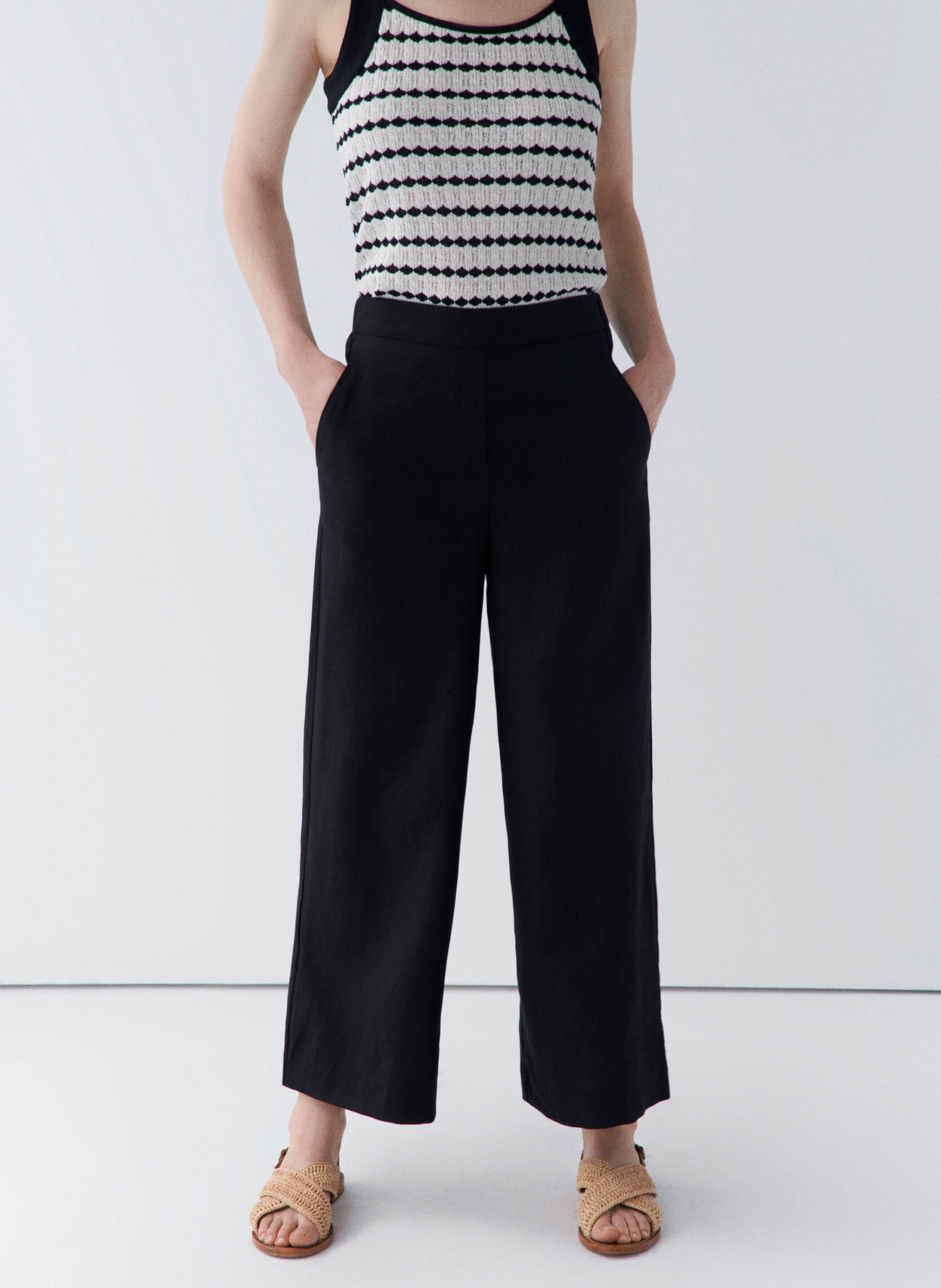 High-waisted wide-leg linen pants CAROLL Black