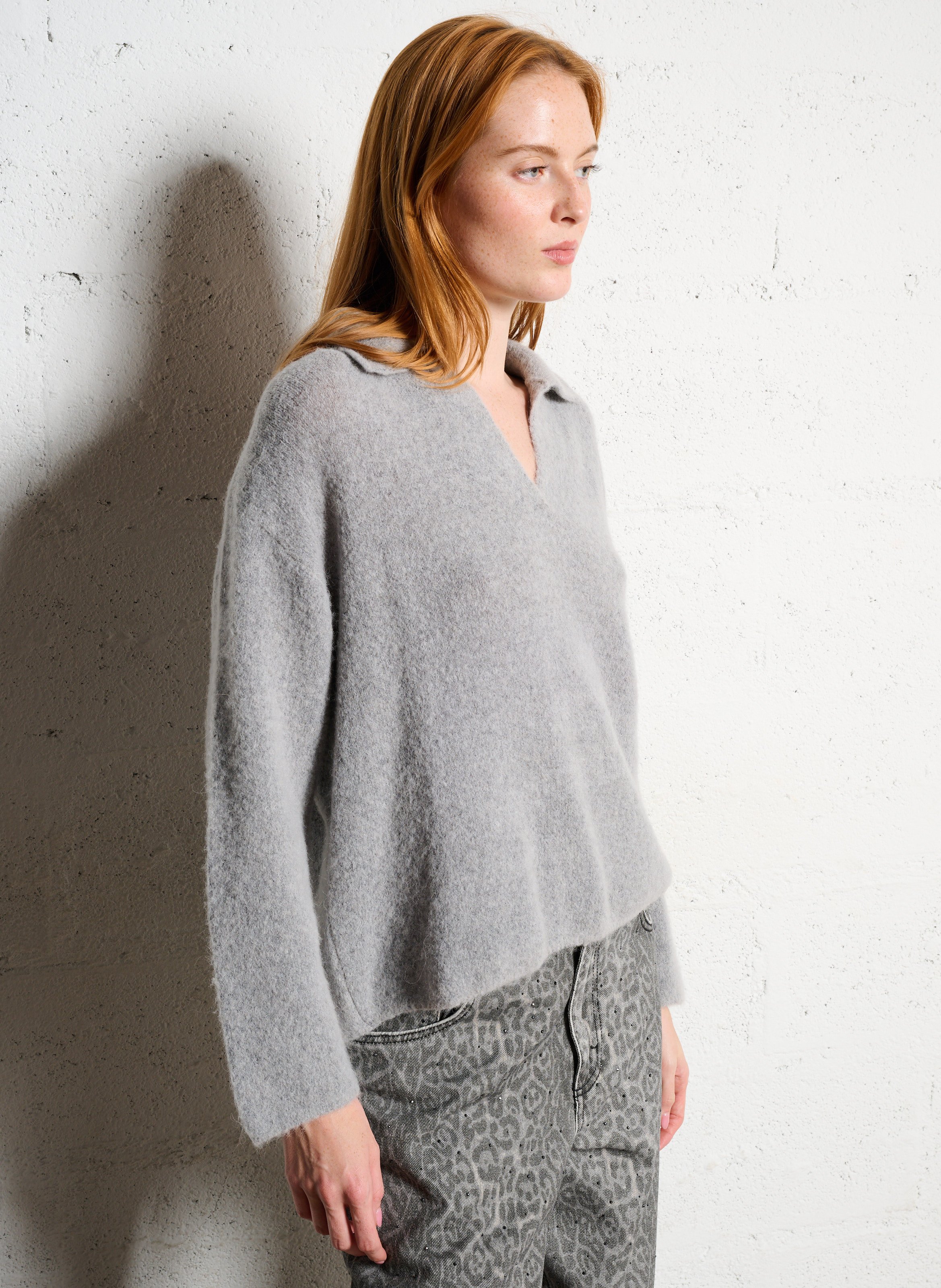 Pull col polo en laine mélangée PLEASE Gris