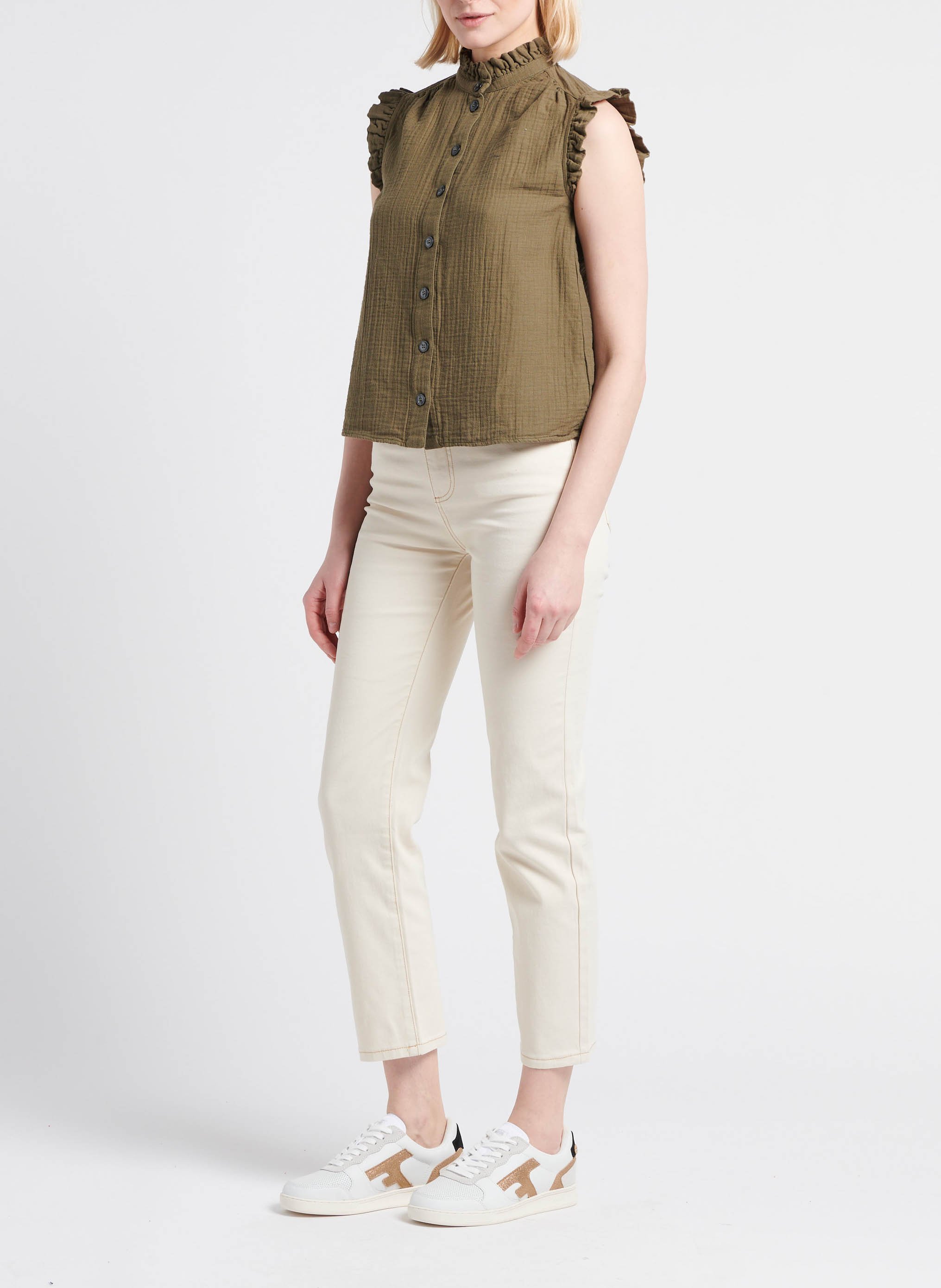 Top sans manches col montant en coton  BONTON Kaki