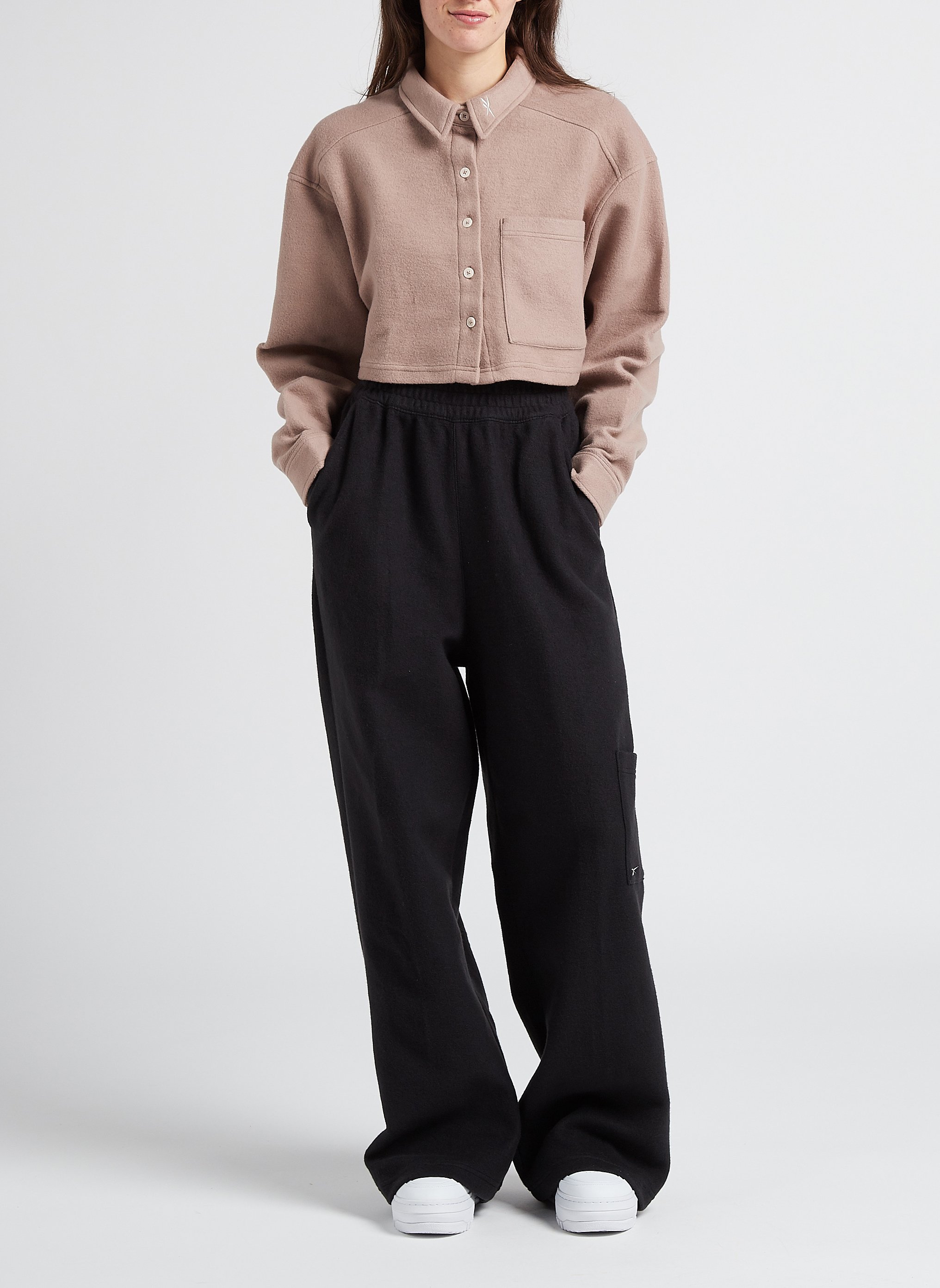 Cropped sweatshirt fabric cardigan with classic collar REEBOK Beige