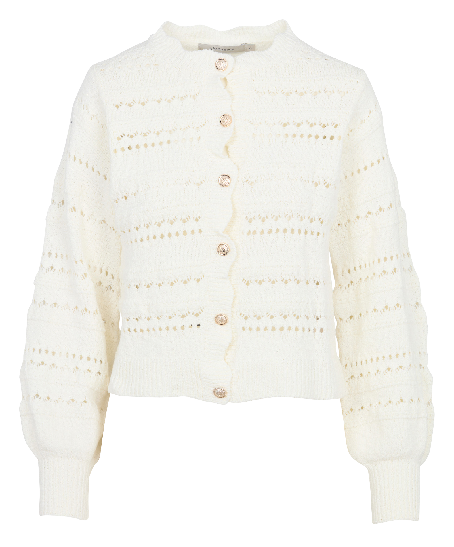 Gerade geschnittene Strickweste mit rundem Halsausschnitt aus Lochstrick. LA FEE MARABOUTEE Weiss