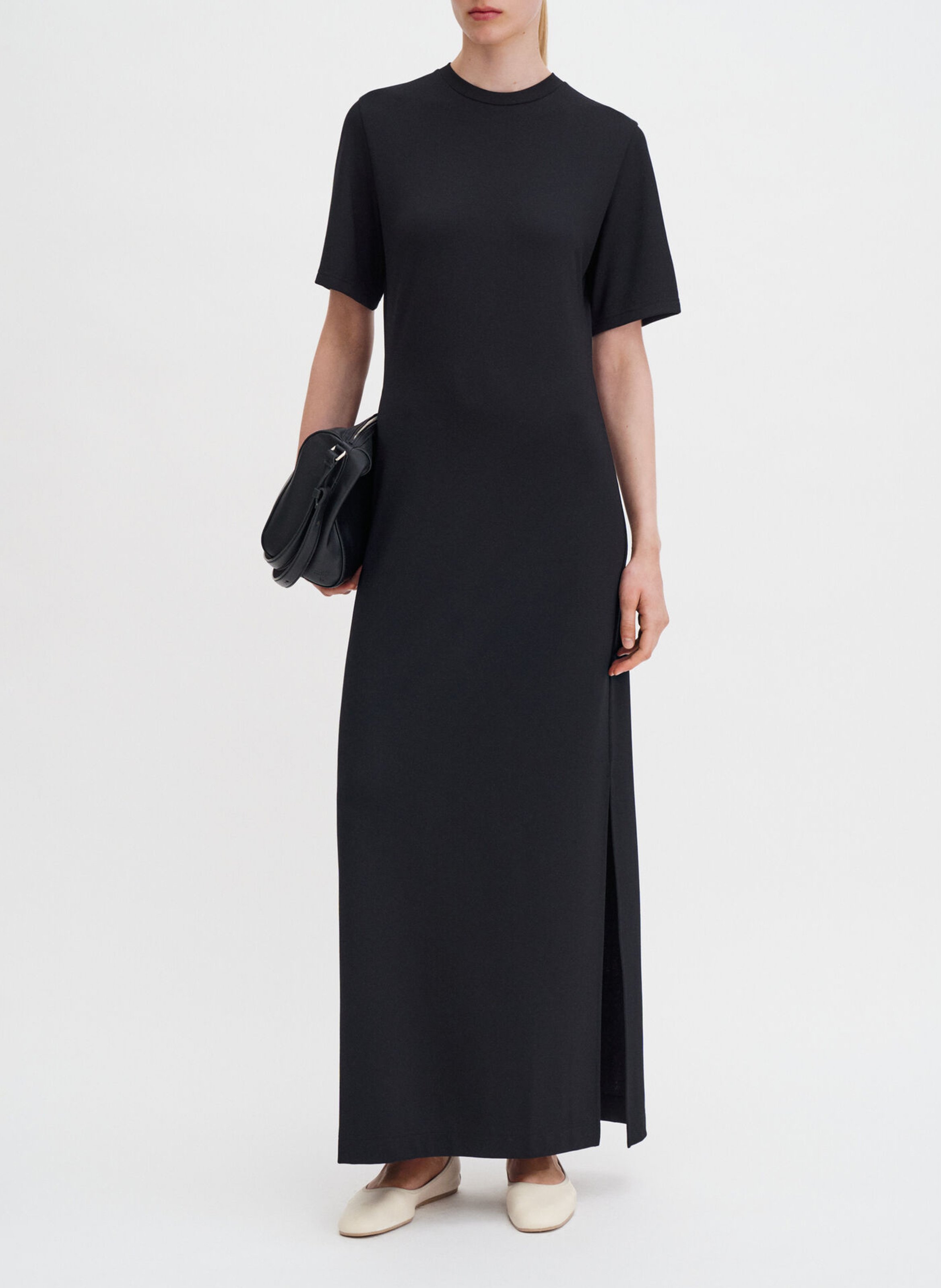 Vestido largo con abertura, cuello redondo, liso. FILIPPA K Negro