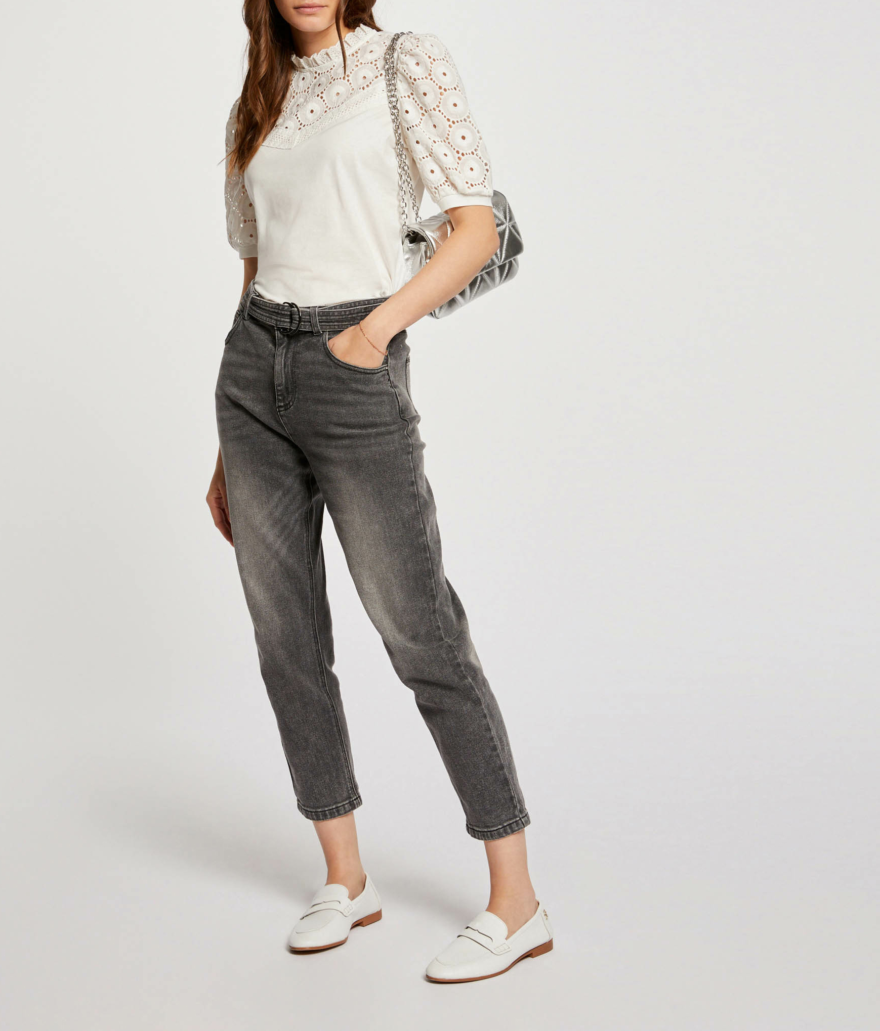 High-neck embroidered cotton top MORGAN White