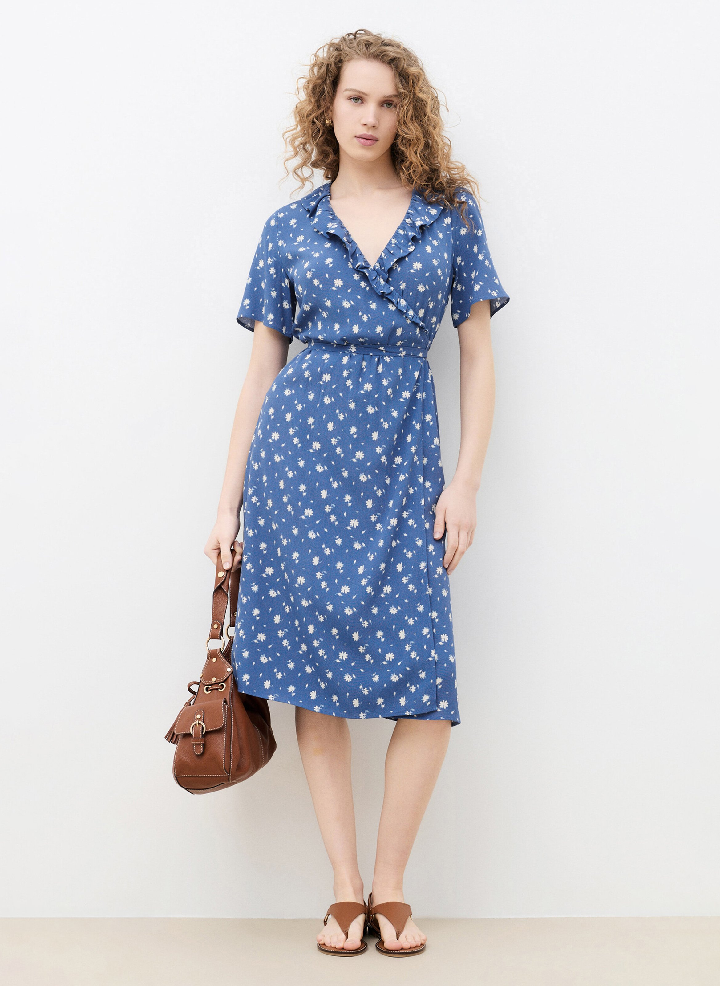 Robe midi col V à pois CAROLL Bleu