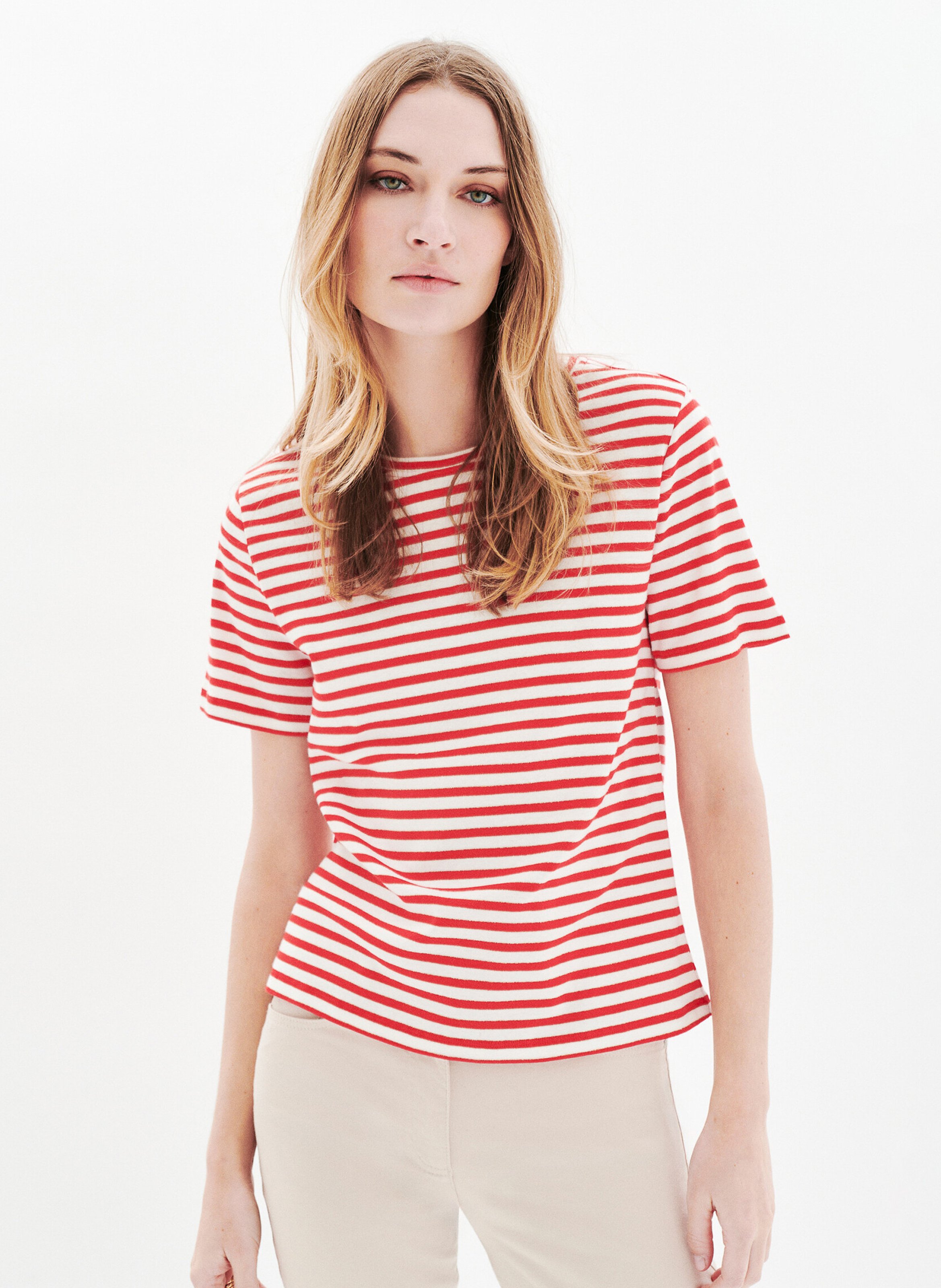 Tee-shirt col rond droit à rayures CAROLL Rouge