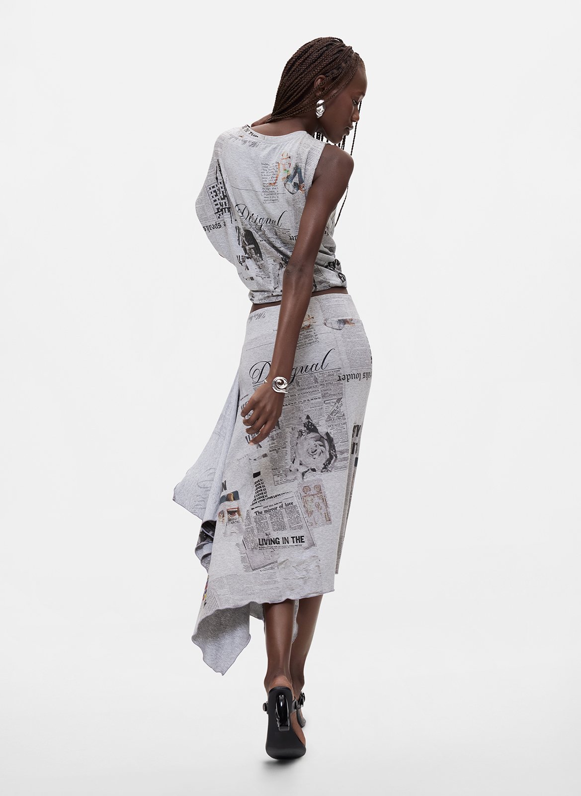 Jupe midi asymétrique imprimée DESIGUAL Noir