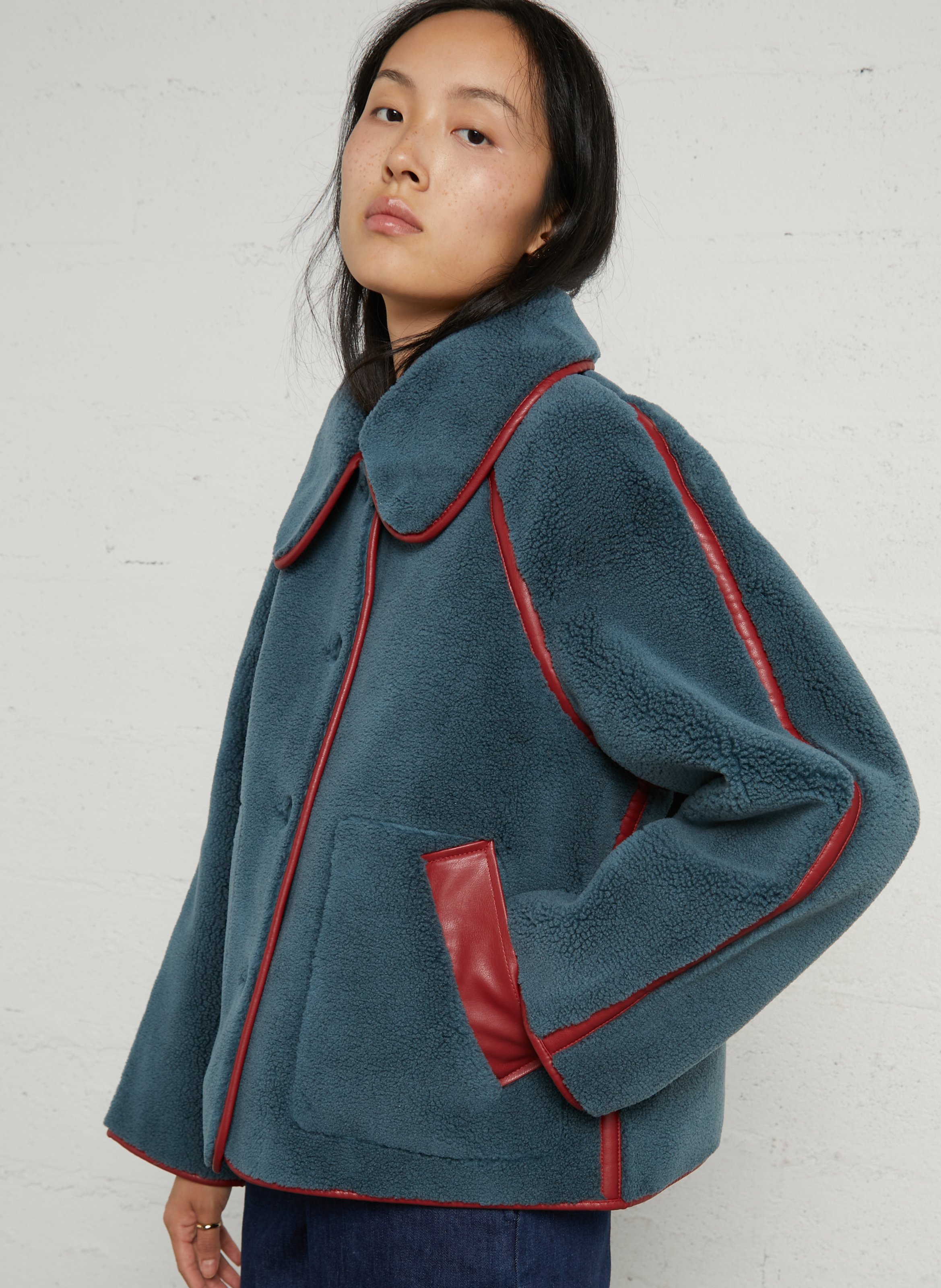 Straight jacket with Peter Pan collar in faux leather THE TINY BIG SISTER Blue