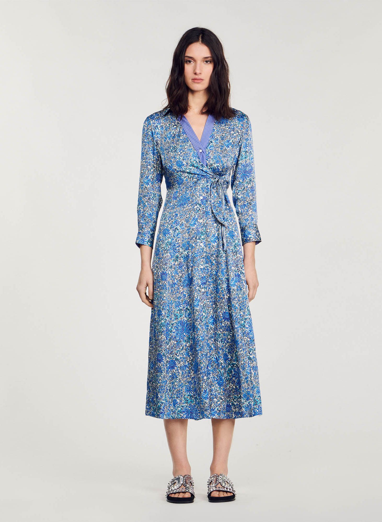 Floral Print Midi Shirt Dress Bleu Blanc Sandro Women Place