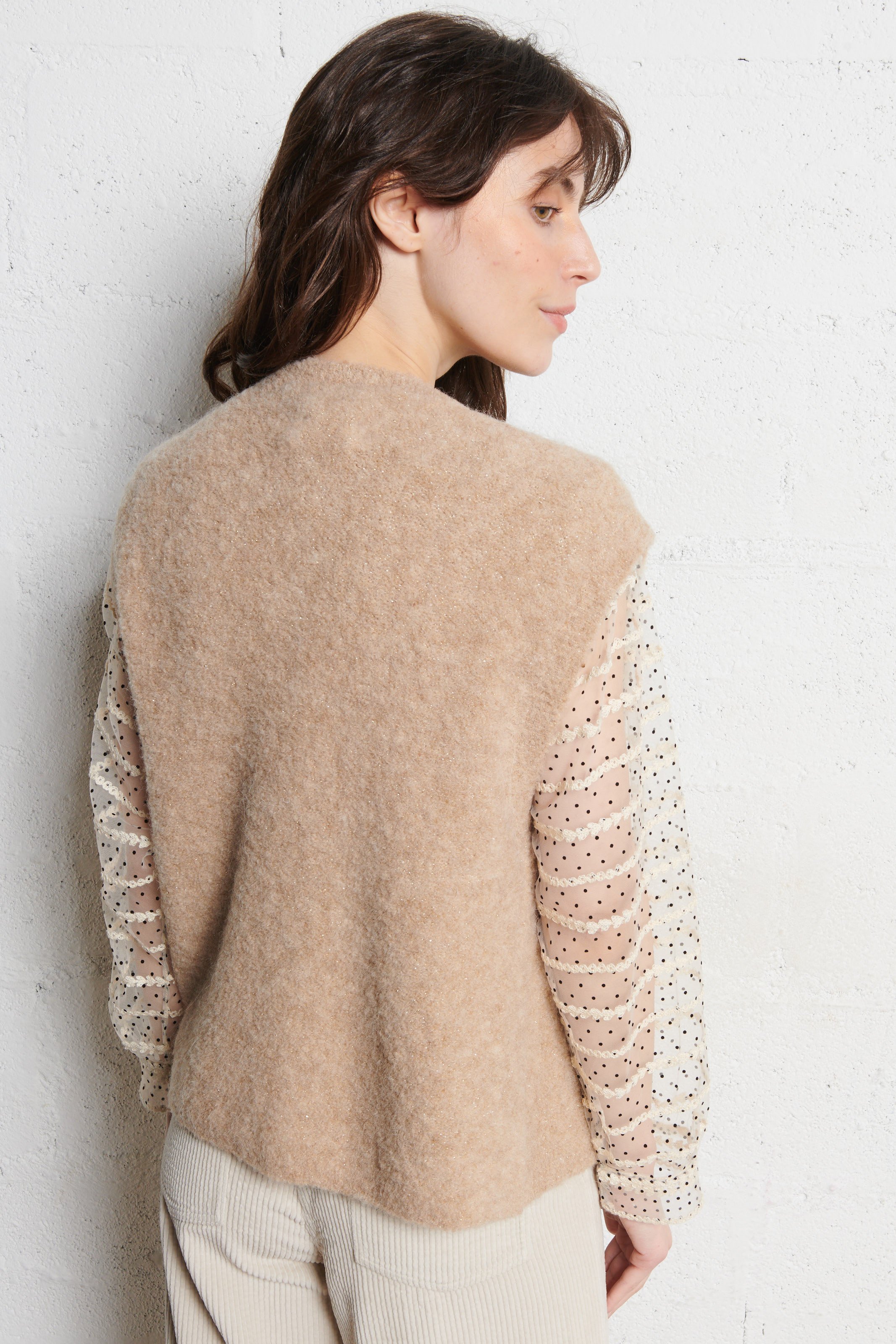 Round-neck mixed-knit cardigan DES PETITS HAUTS Beige