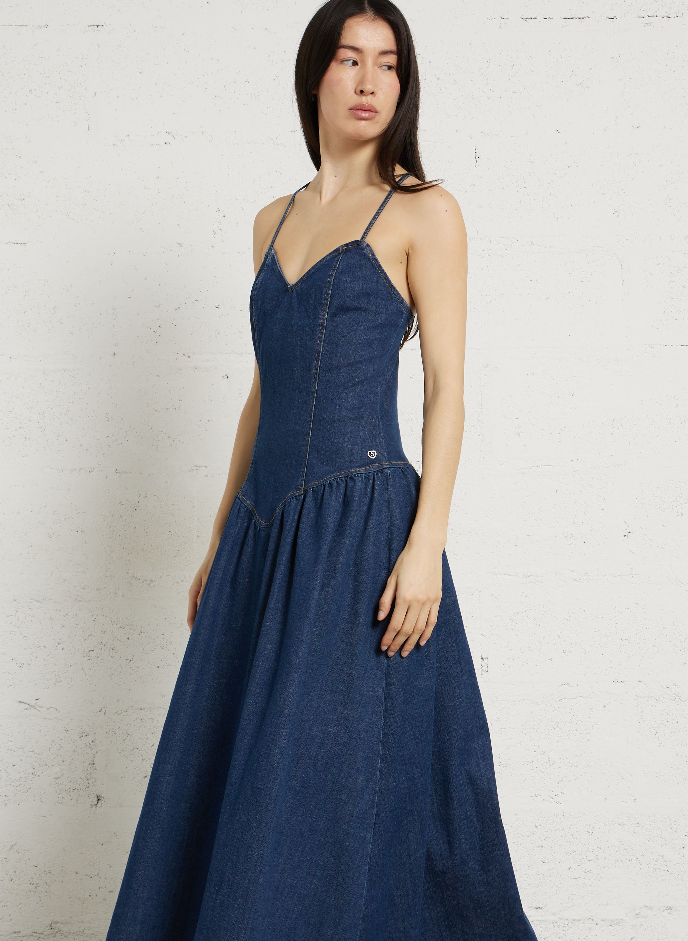 Langes Kleid aus Baumwoll-Mix mit V-Ausschnitt PLEASE Blau