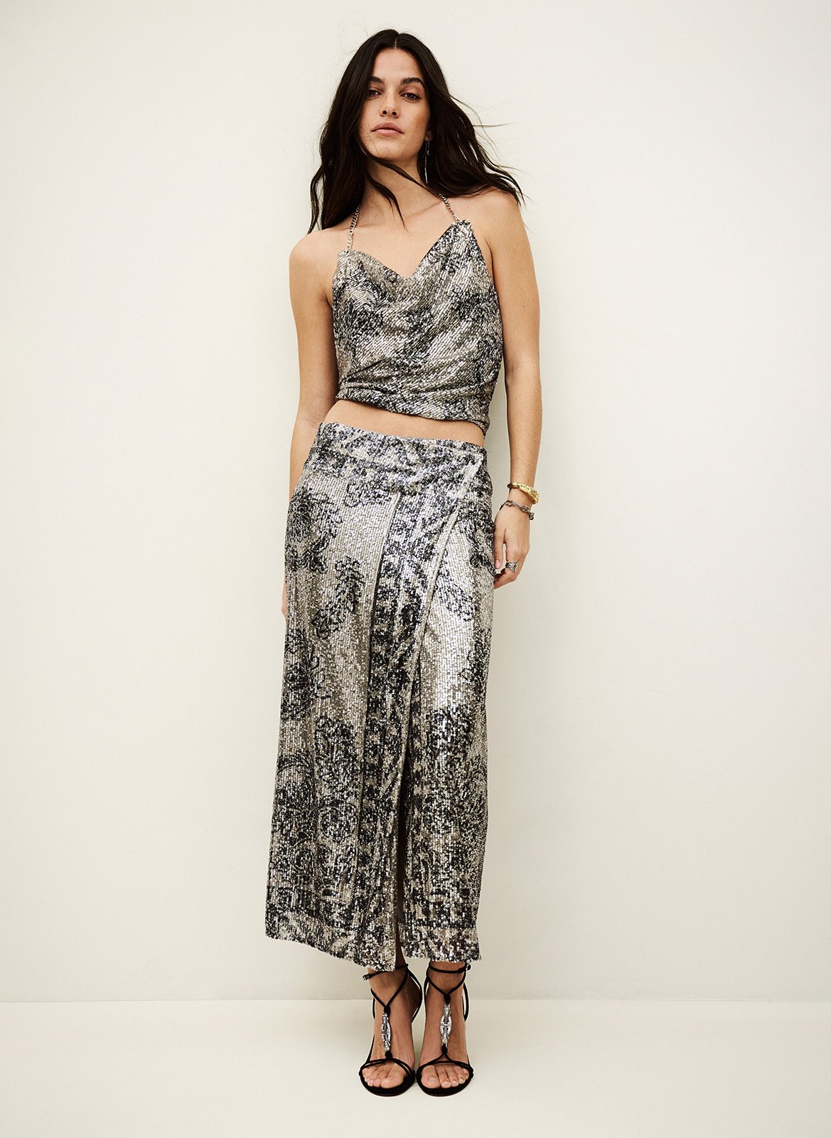 Lange wikkelrok met paillettenpatroon BA&SH Zwart