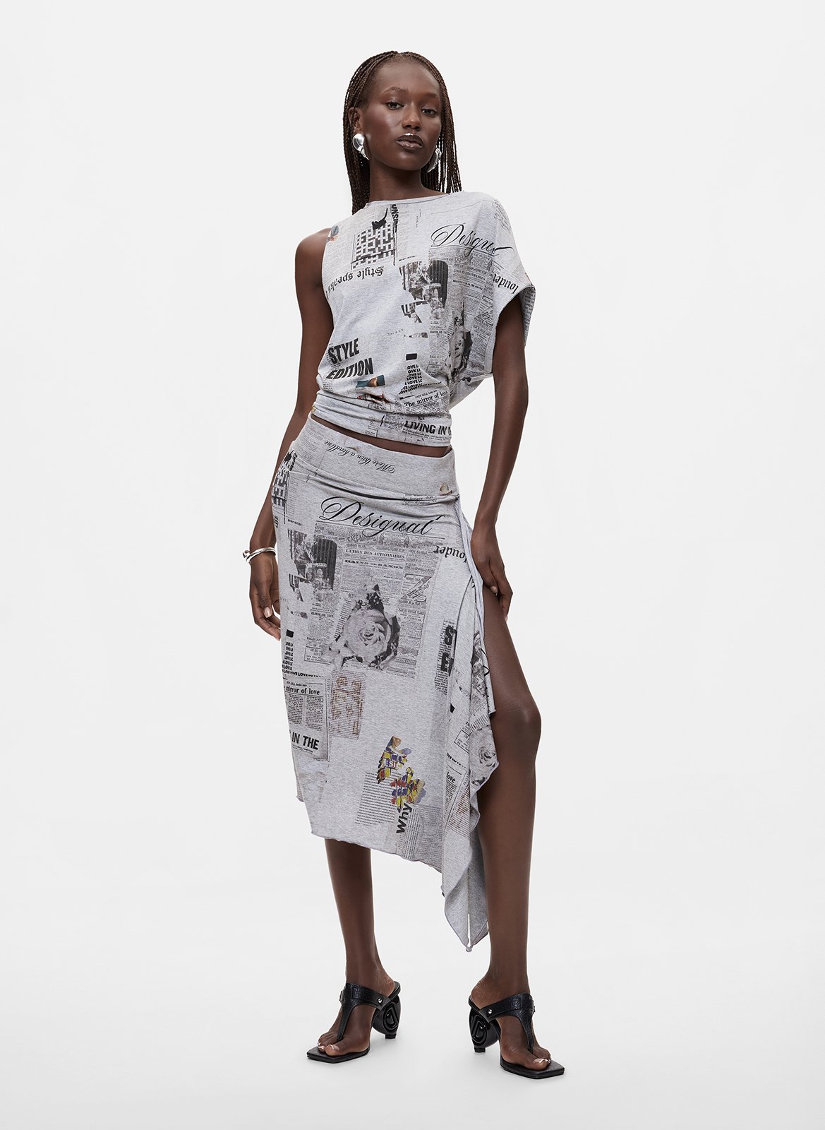 Jupe midi asymétrique imprimée DESIGUAL Noir