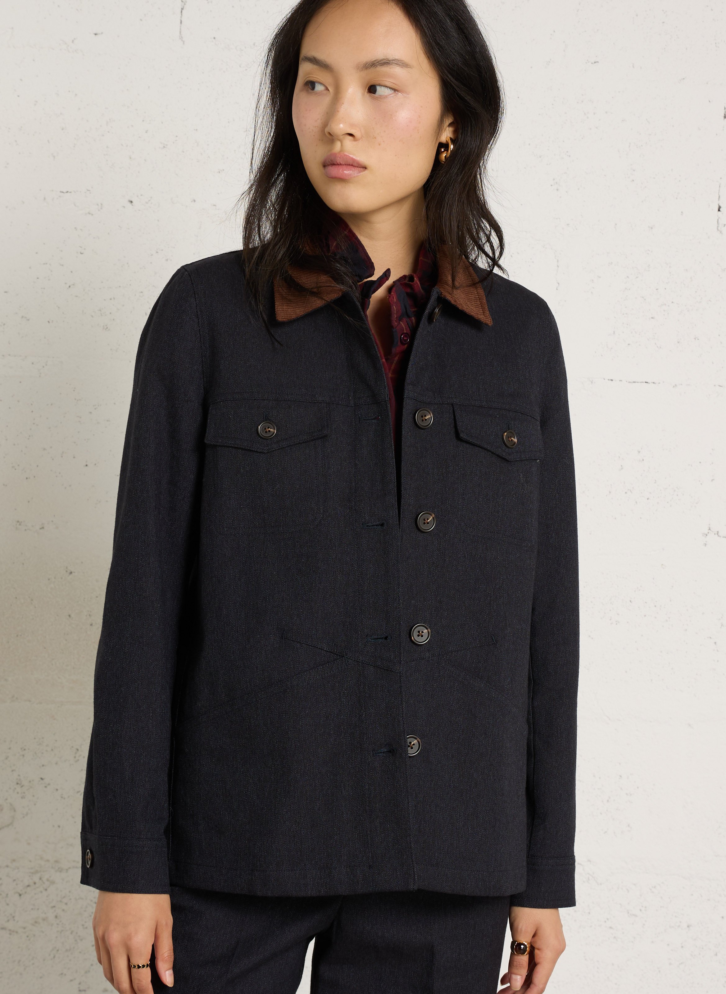 Ribbed collar denim jacket in cotton blend NICE THINGS Blue