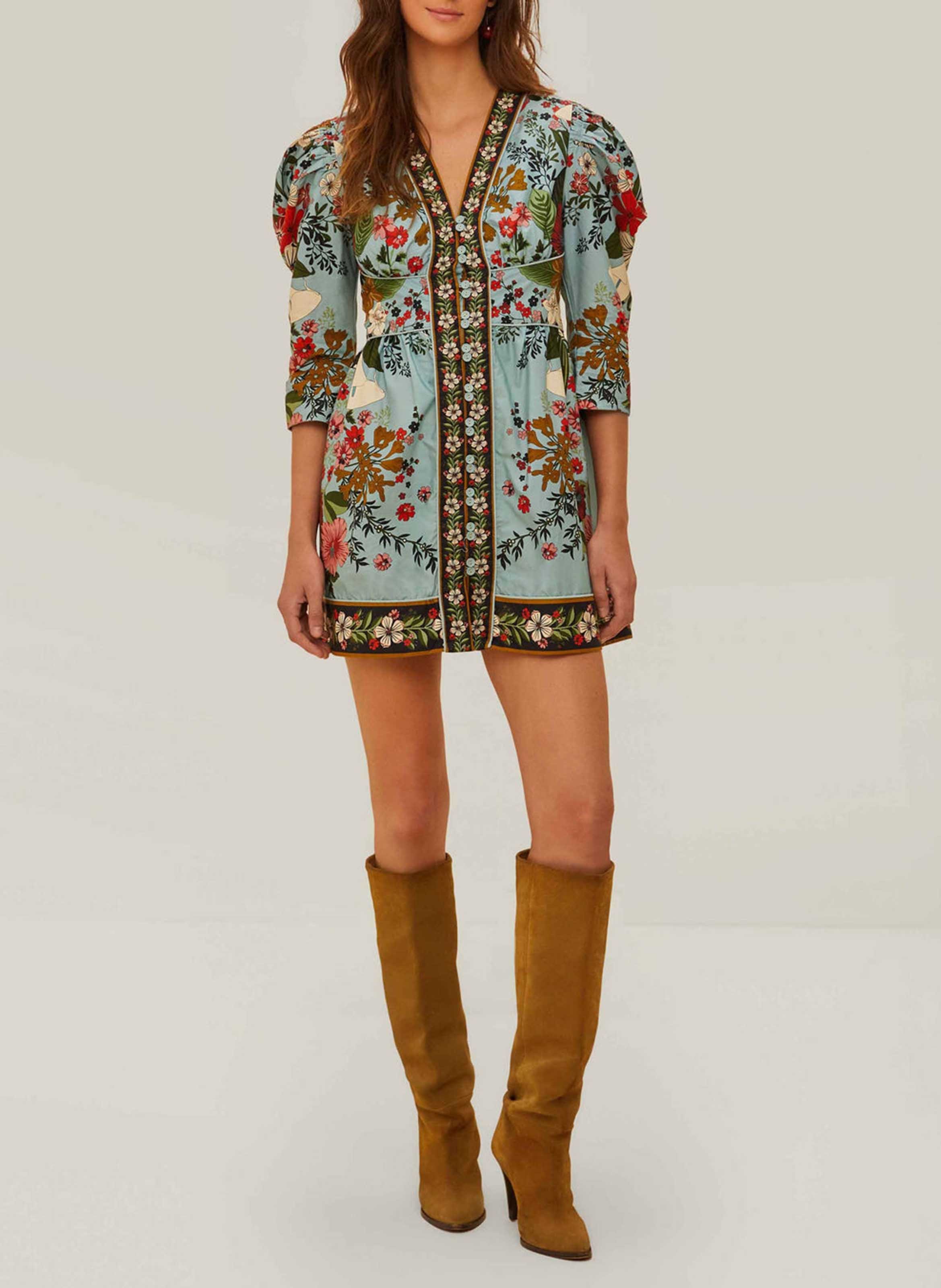 Korte jurk met V-hals en print FARM RIO Blue