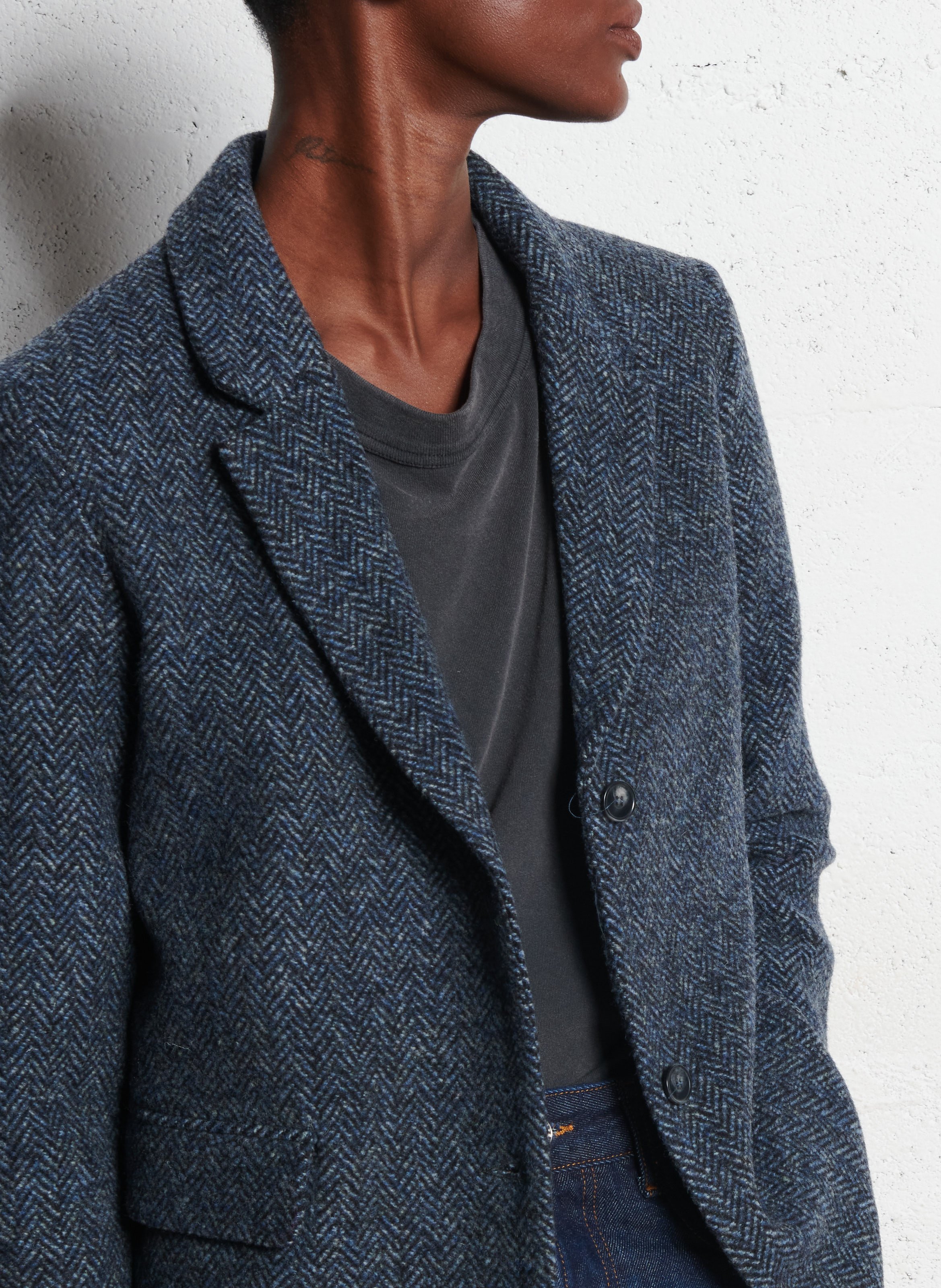 Veste tailleur droite chevron en laine DES PETITS HAUTS Bleu