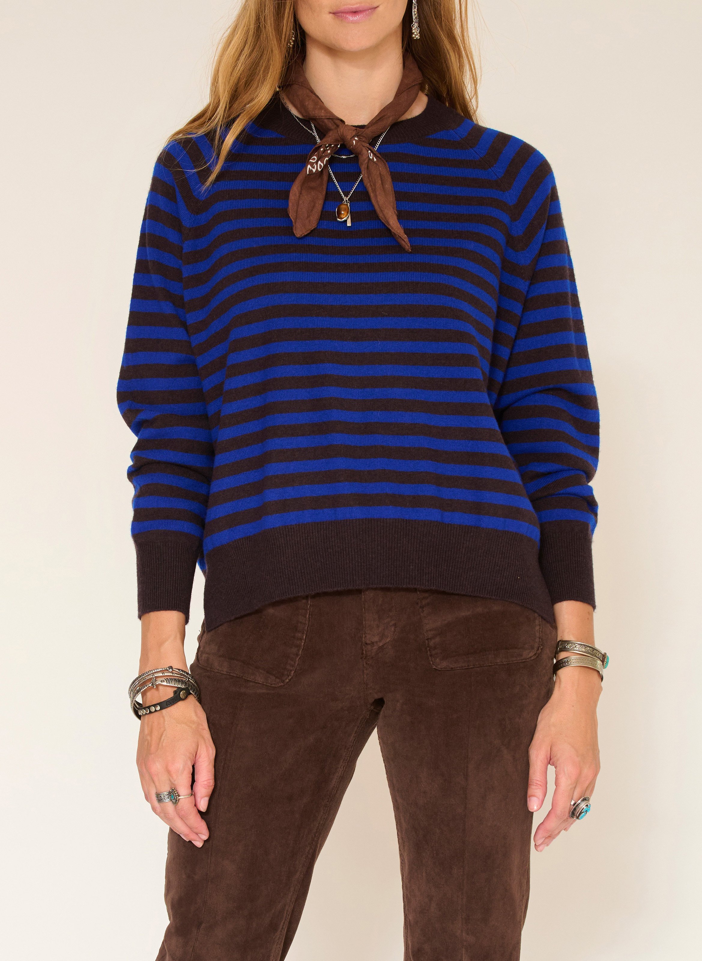 Oversized round neck striped Merino wool sweater MKT Brown