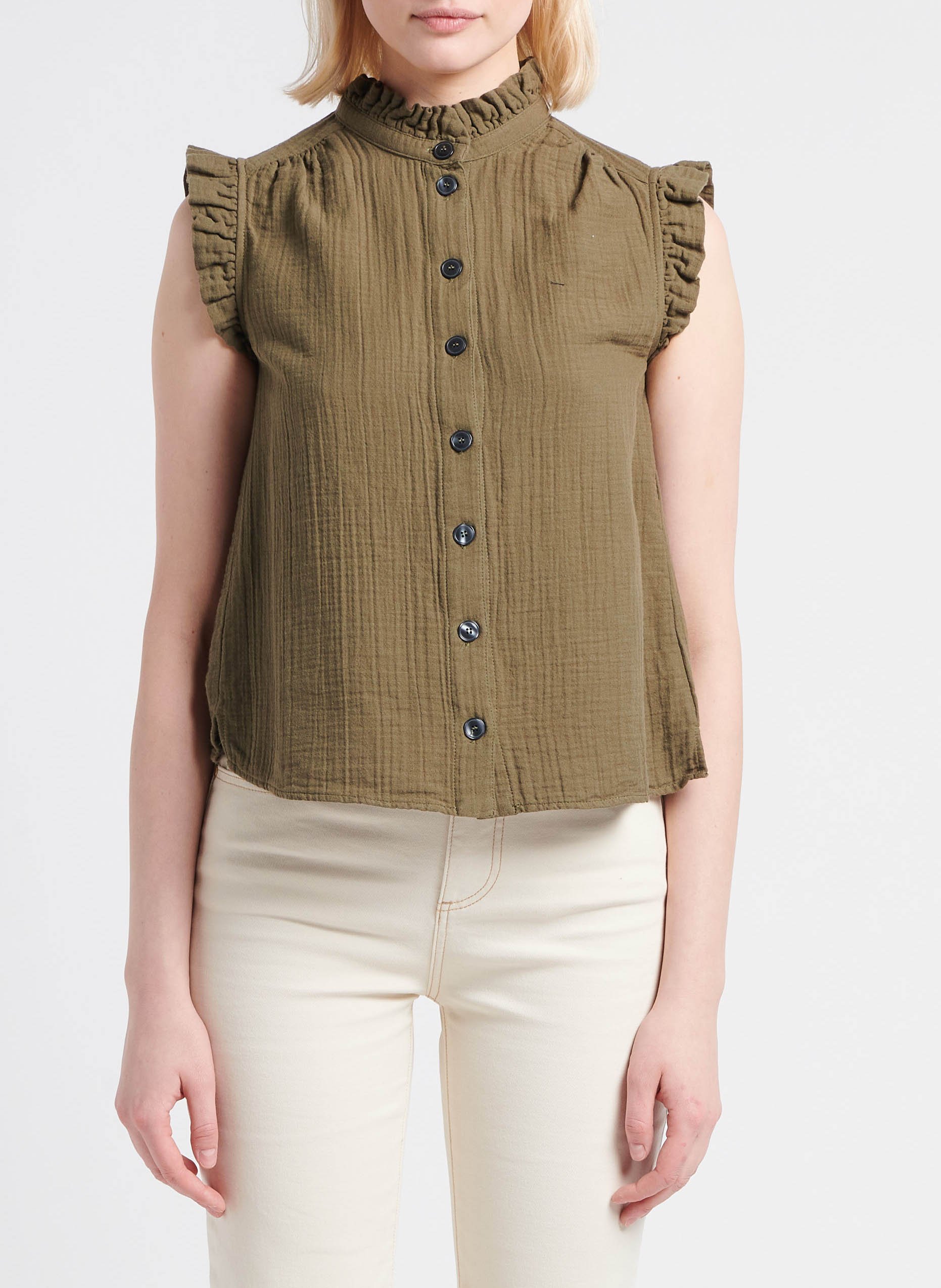 Top sans manches col montant en coton  BONTON Kaki