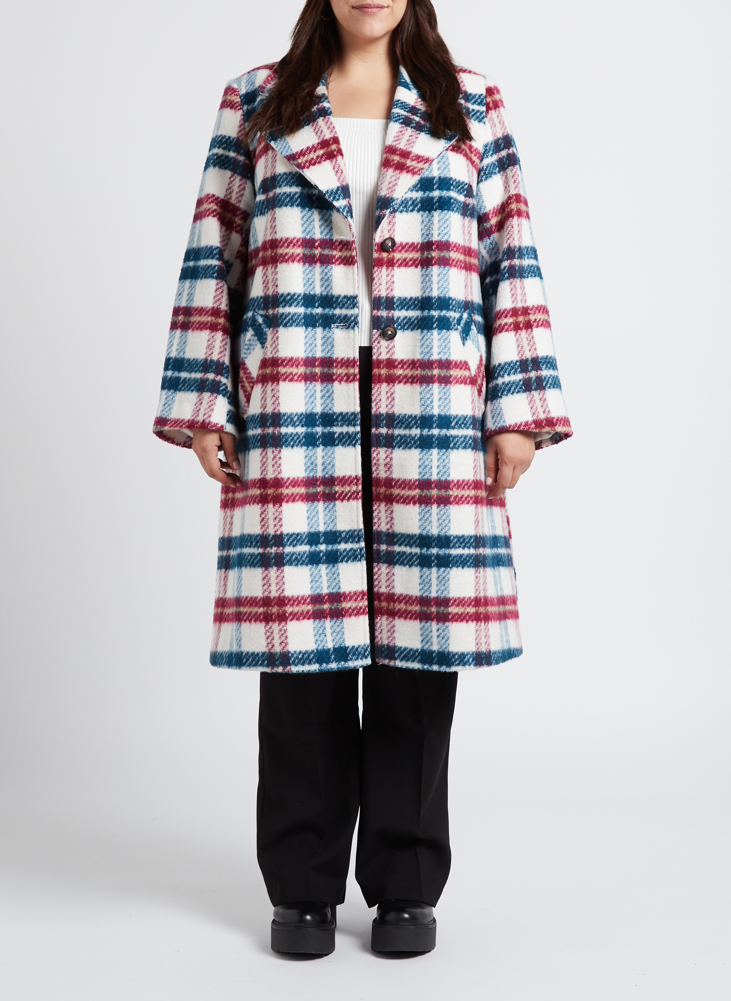 Manteau col tailleur à carreaux  EVOKED Blanc