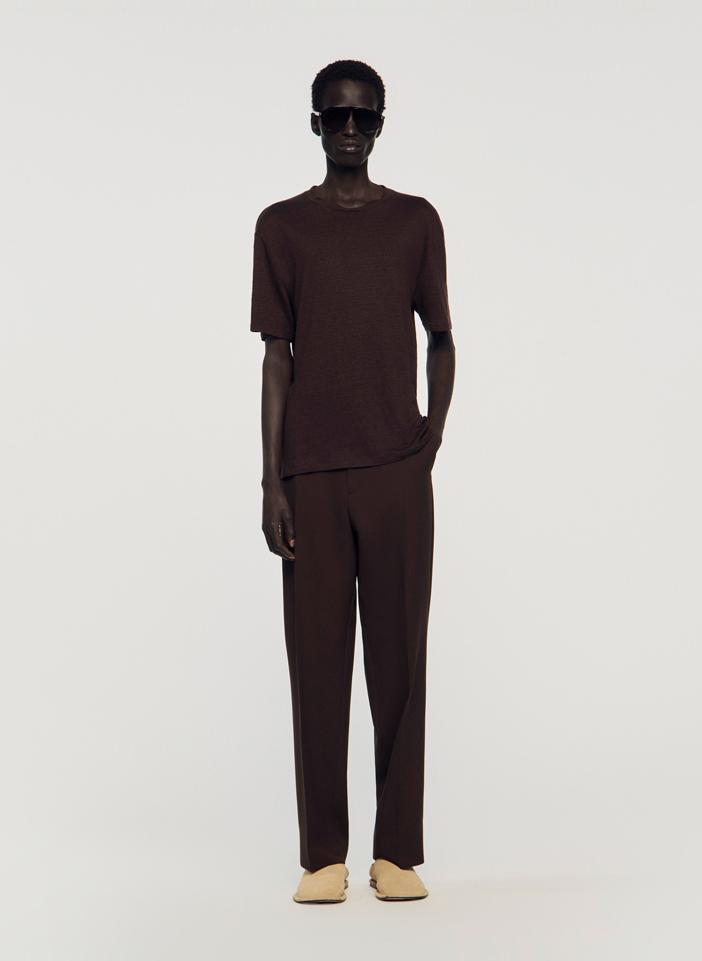 Linnen, regular fit T-shirt met ronde hals Bruin