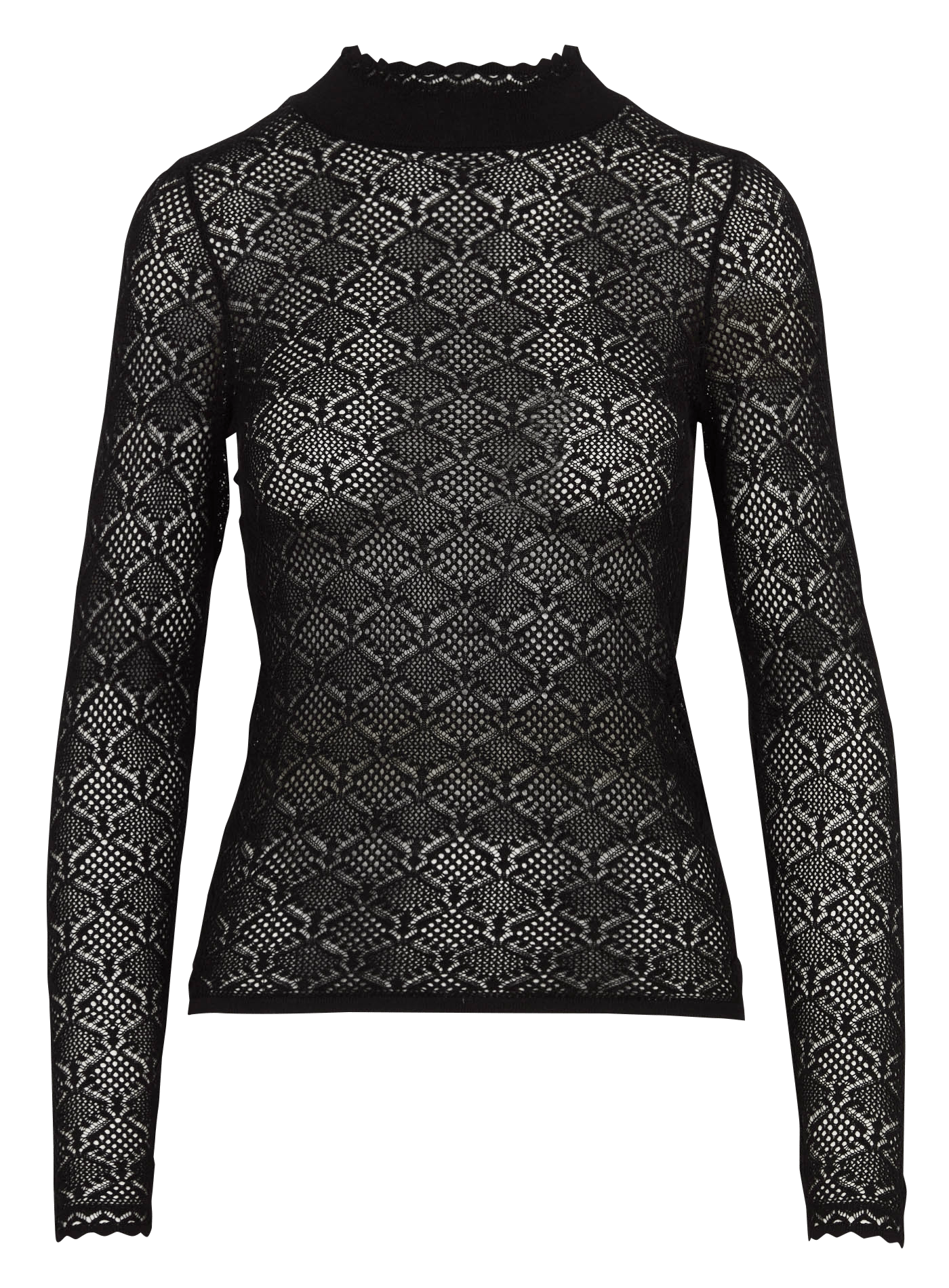 Feiner Strickpullover mit hochgeschlossenem Kragen und durchbrochener Spitzenstrickerei. PETITE MENDIGOTE Schwarz