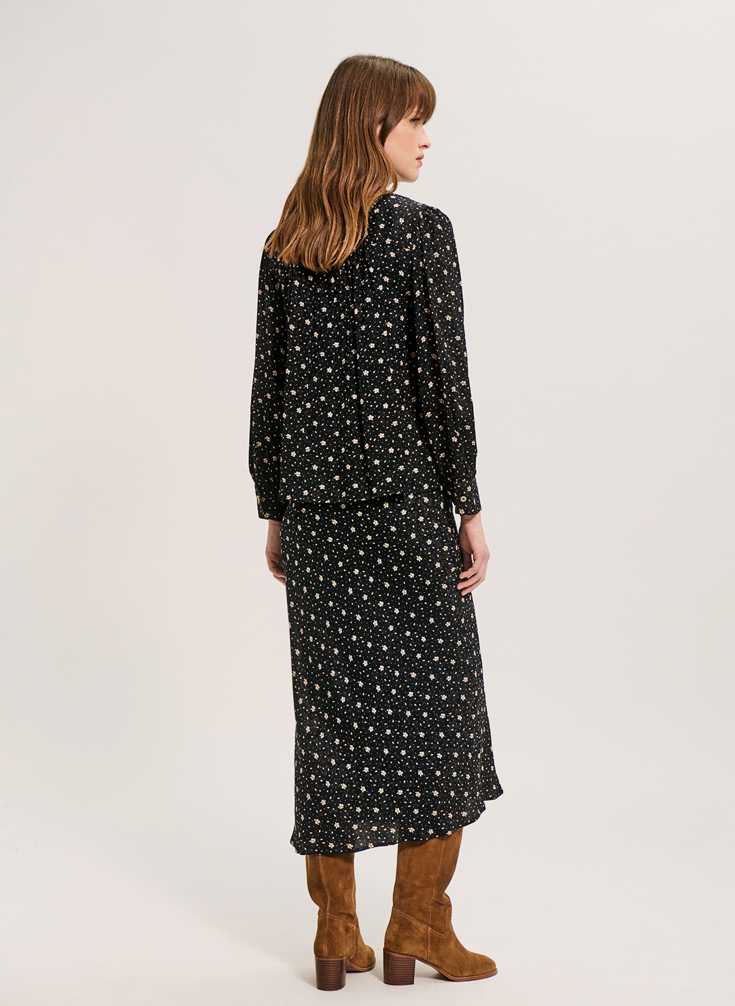 Jupe midi droit motif fleuri PABLO Noir