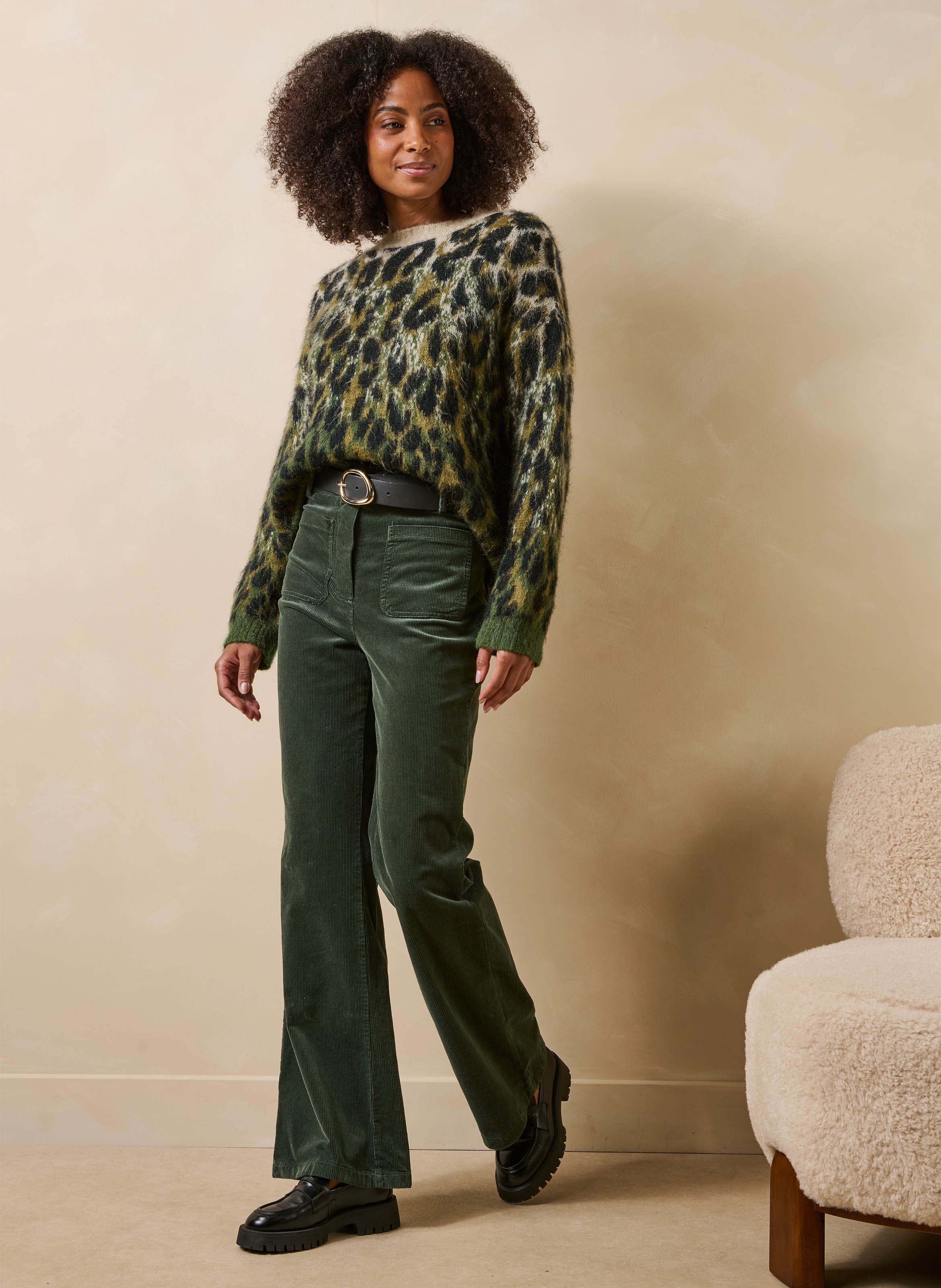 Pantalon large velours côtelé en coton mélangé LA FEE MARABOUTEE Grun