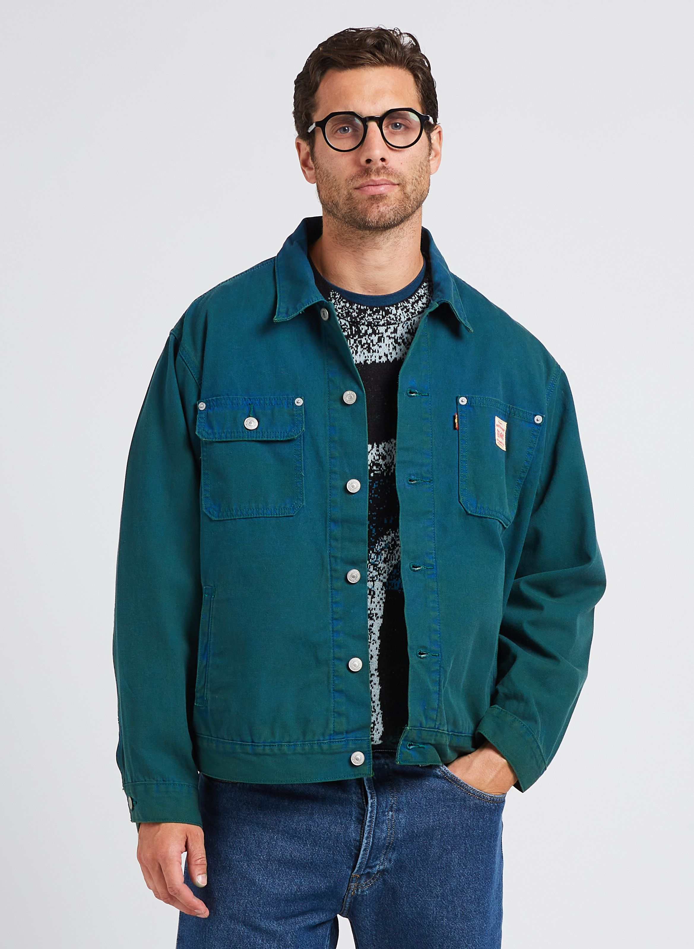 Spring Summer collection DENIM JACKET WITH CLASSIC COLLAR LIMOGES HEAVY NS TWILL PD WITH GREEN SHEEN SURFACE DYE GD TRUCKER LEVI S MEN Place des