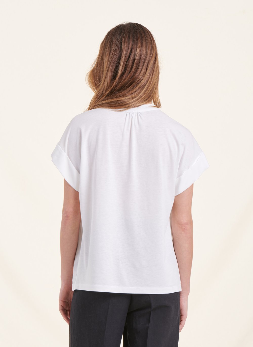 Tee-shirt ample col V bi-matières LA FEE MARABOUTEE Blanc