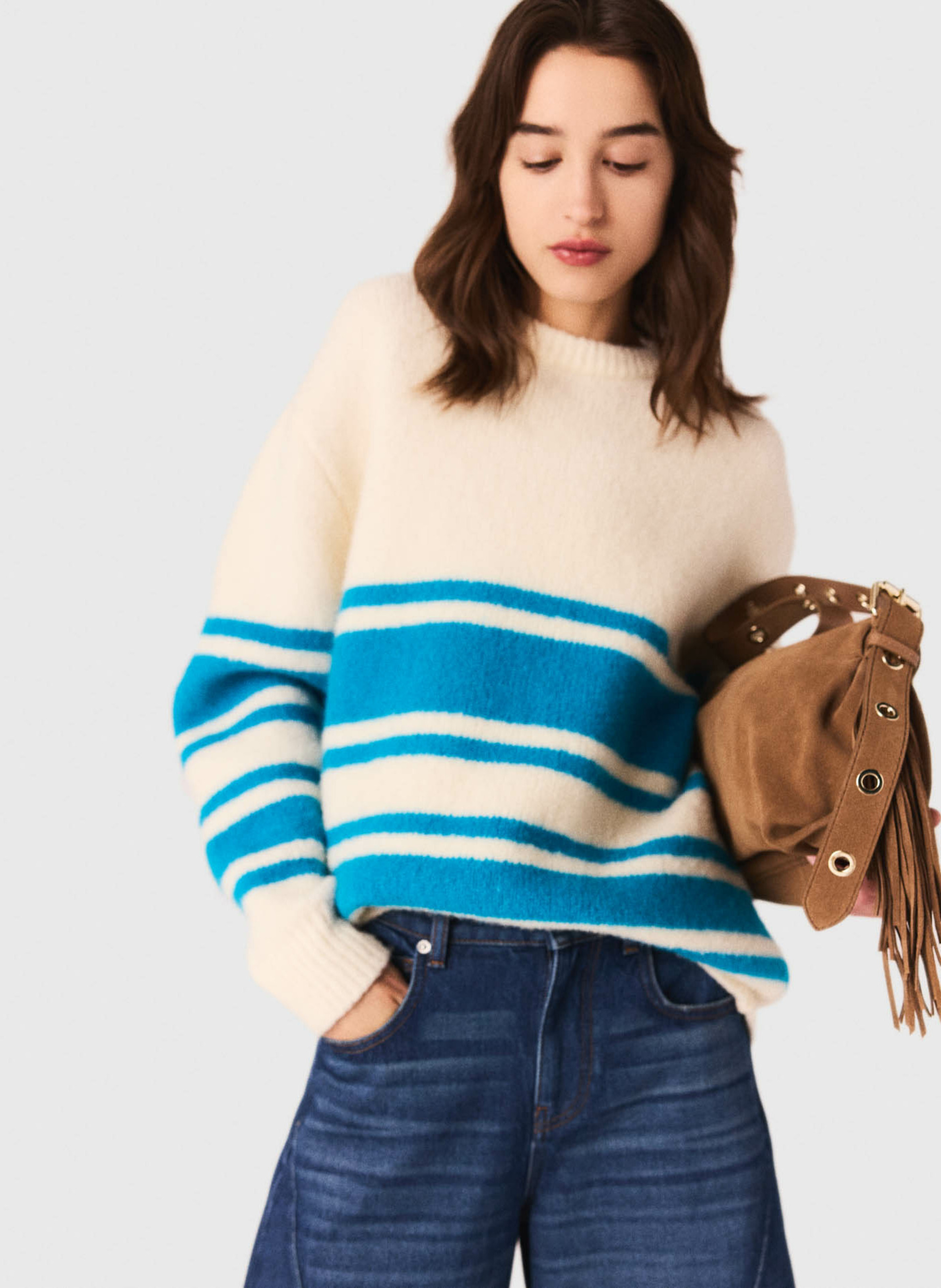 Round neck striped wool blend sweater MAJE Beige