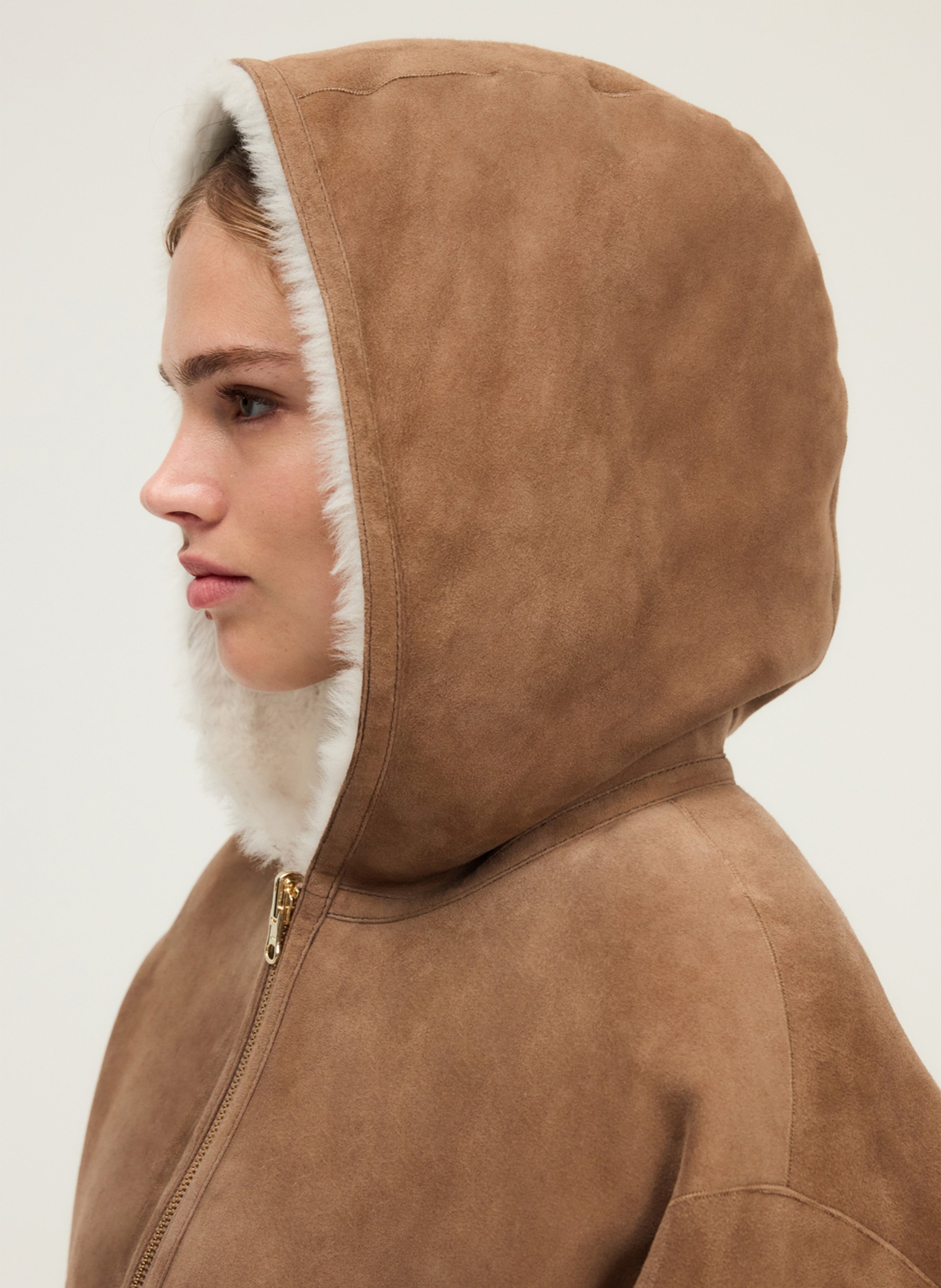 Hooded leather jacket Beige