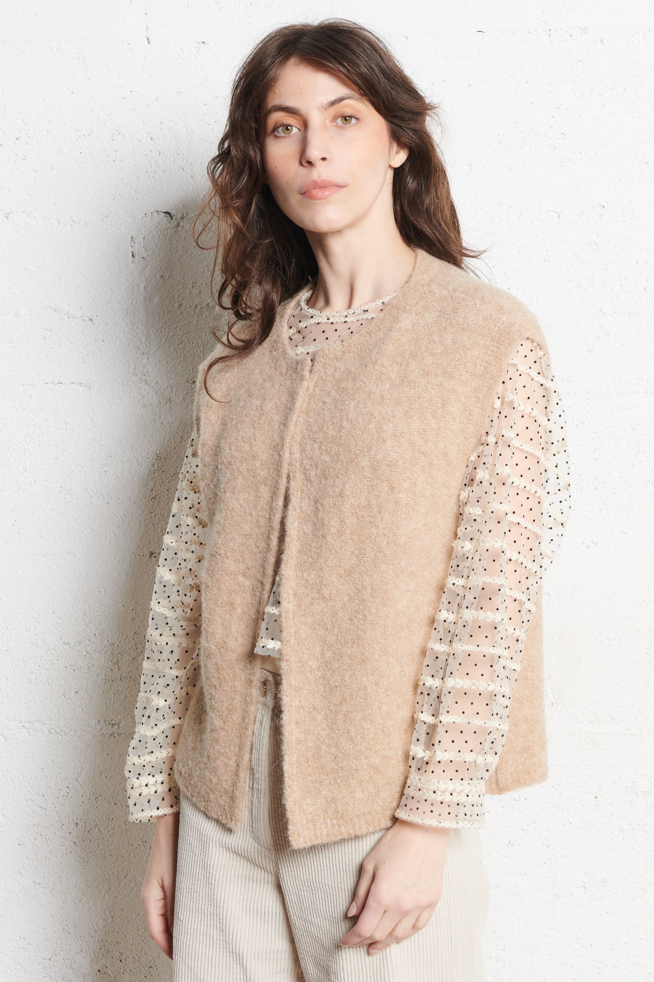 Round-neck mixed-knit cardigan DES PETITS HAUTS