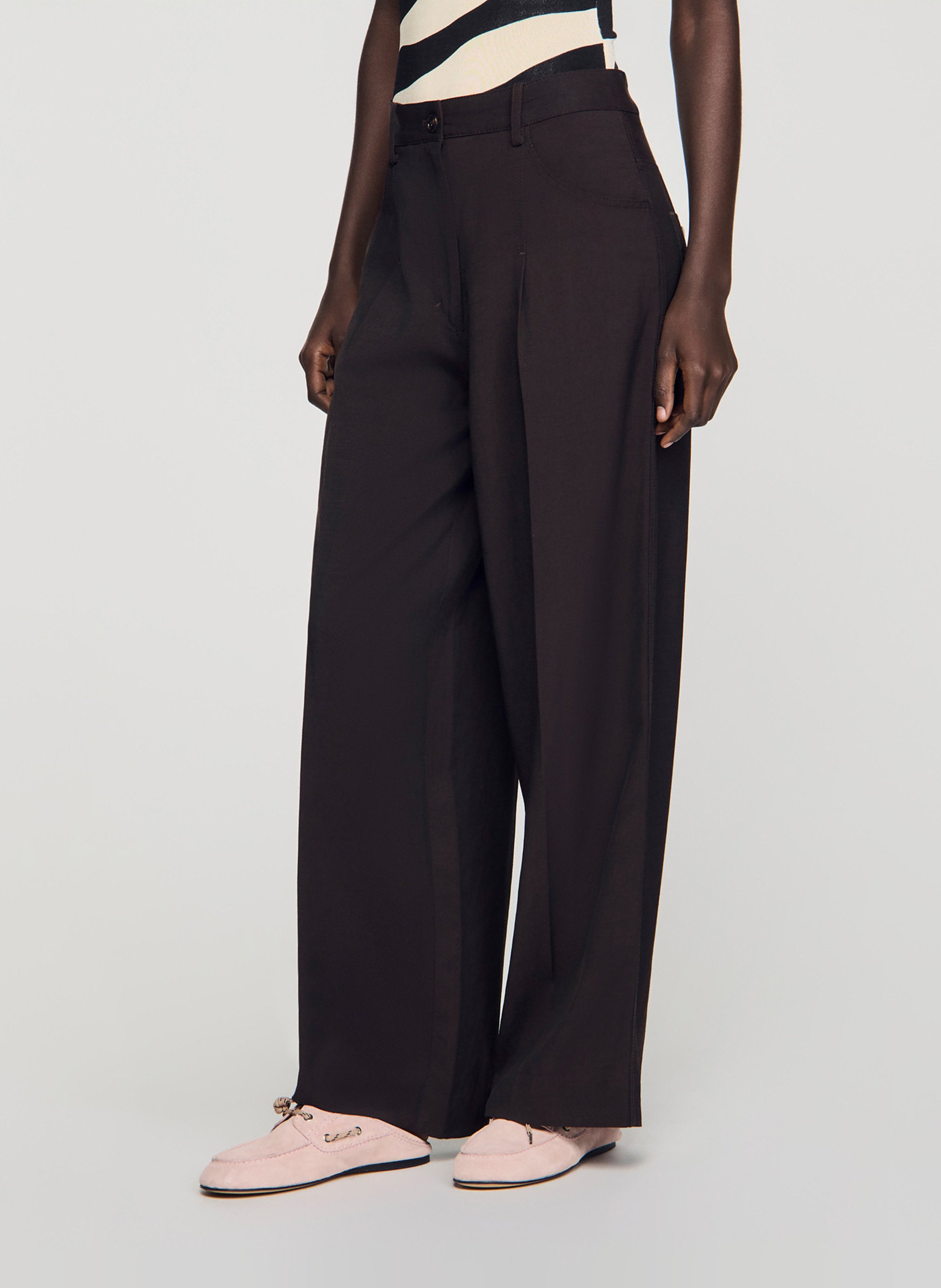 Pantalon large taille haute uni SANDRO Marron