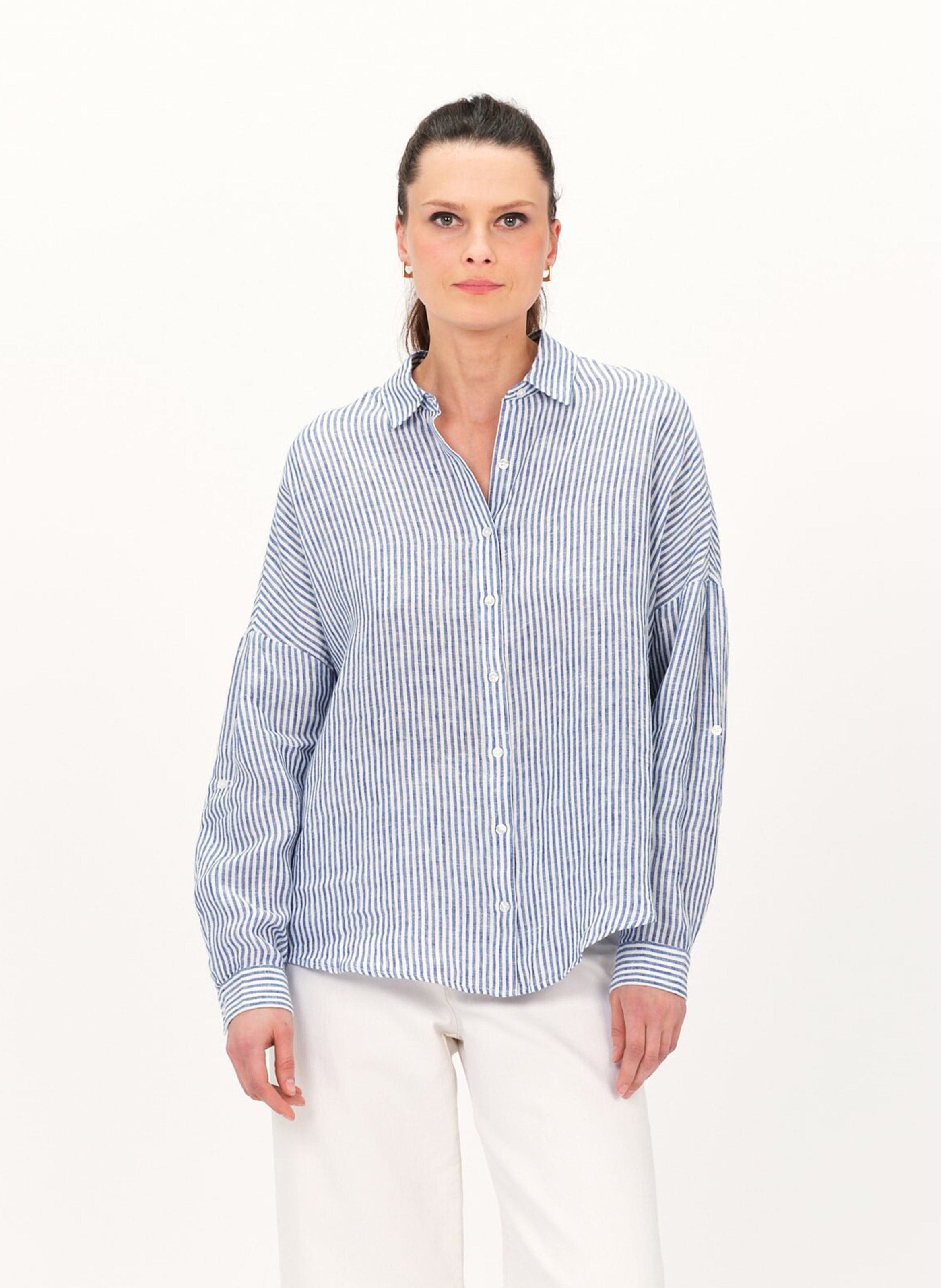 Chemise col classique rayée en lin CAROLL Bleu