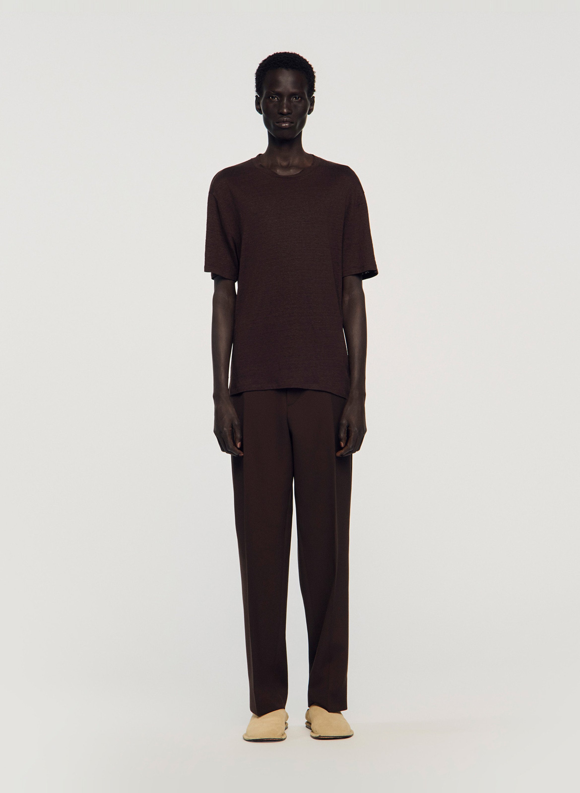 Linnen, regular fit T-shirt met ronde hals Bruin