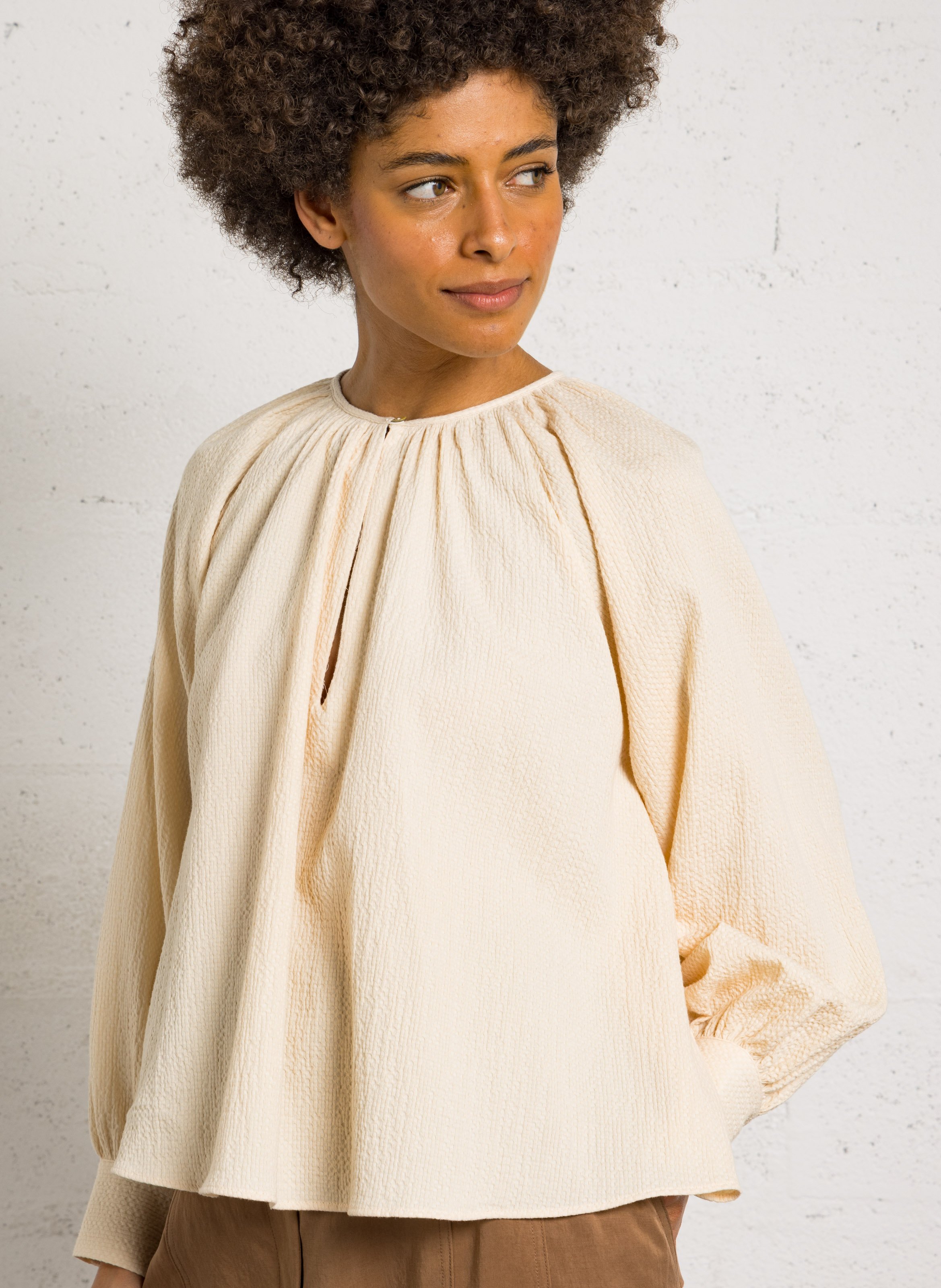 Oversize cotton round-neck blouse BELLEPIECE Beige