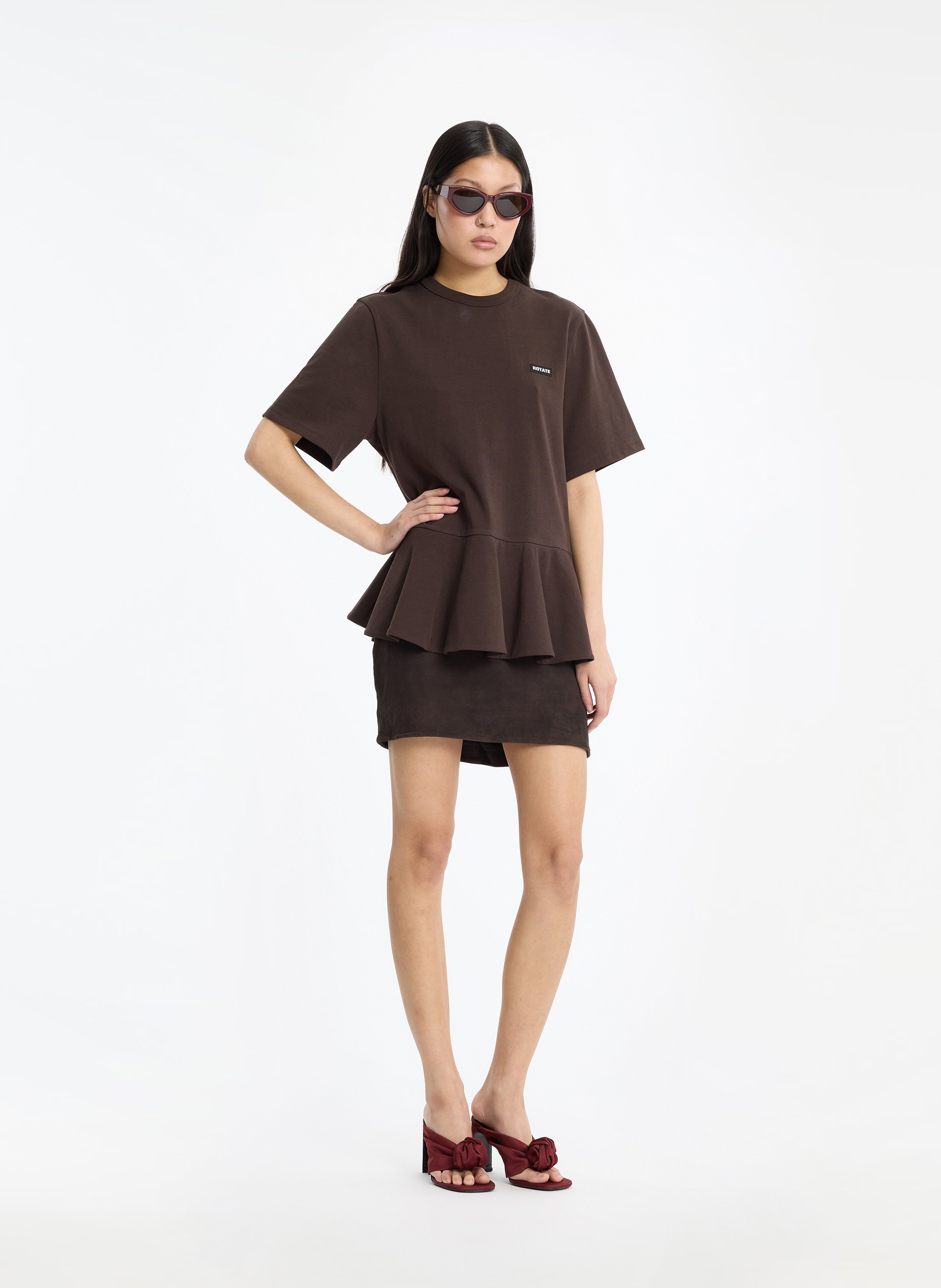 Tee-shirt ample à volants uni ROTATE Marron