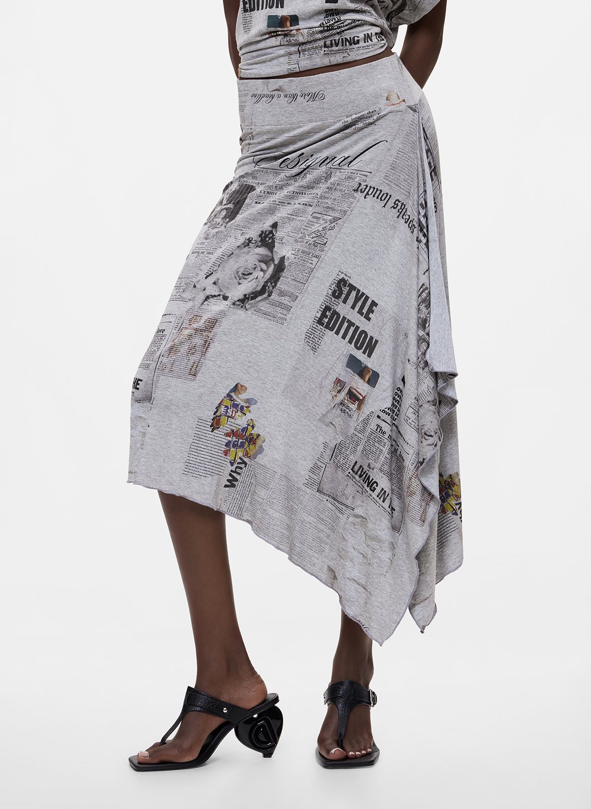 Jupe midi asymétrique imprimée DESIGUAL Noir