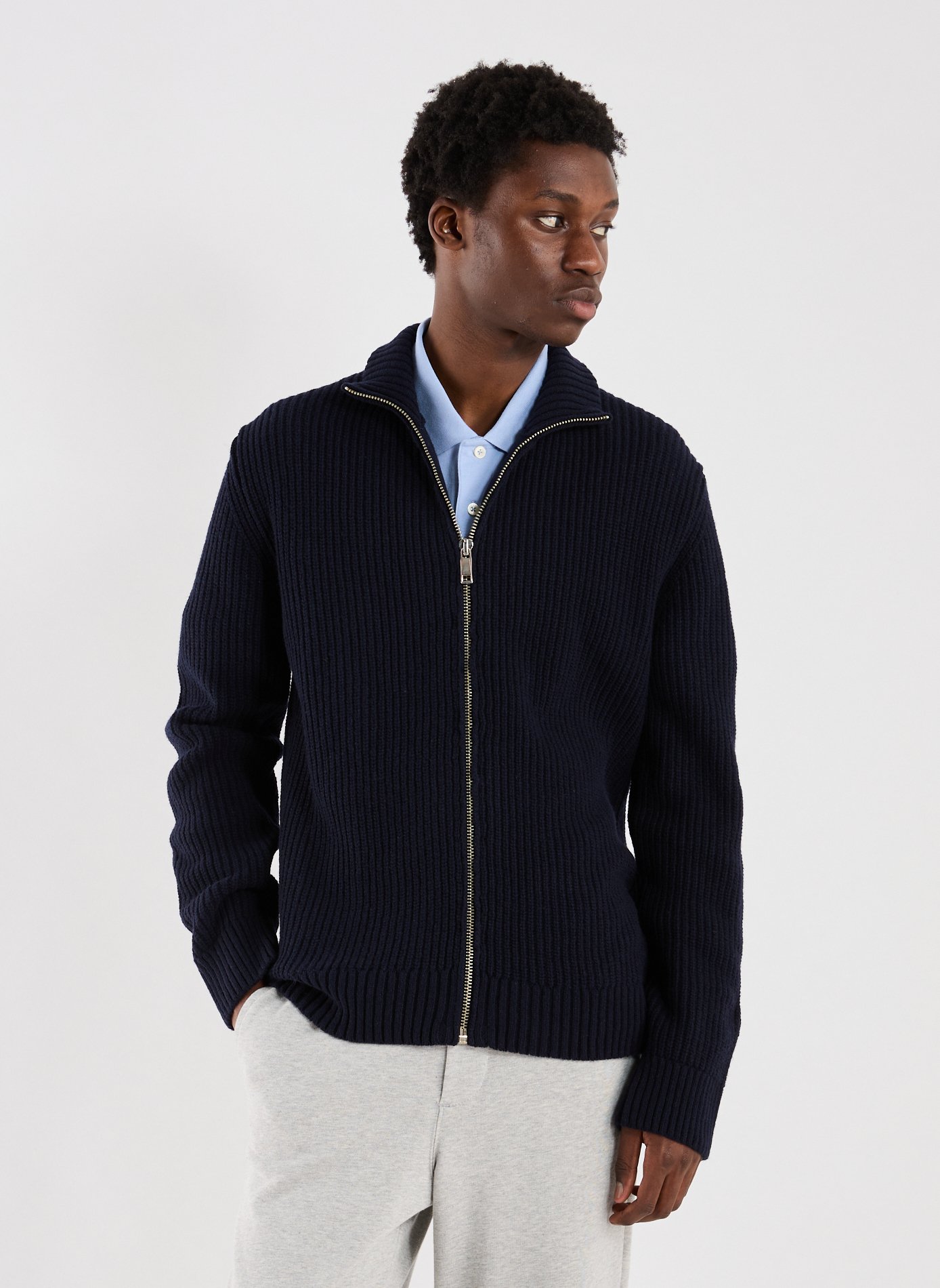 Wool blend high-neck gefil knit cardigan. | Blue AU PRINTEMPS PARIS Men