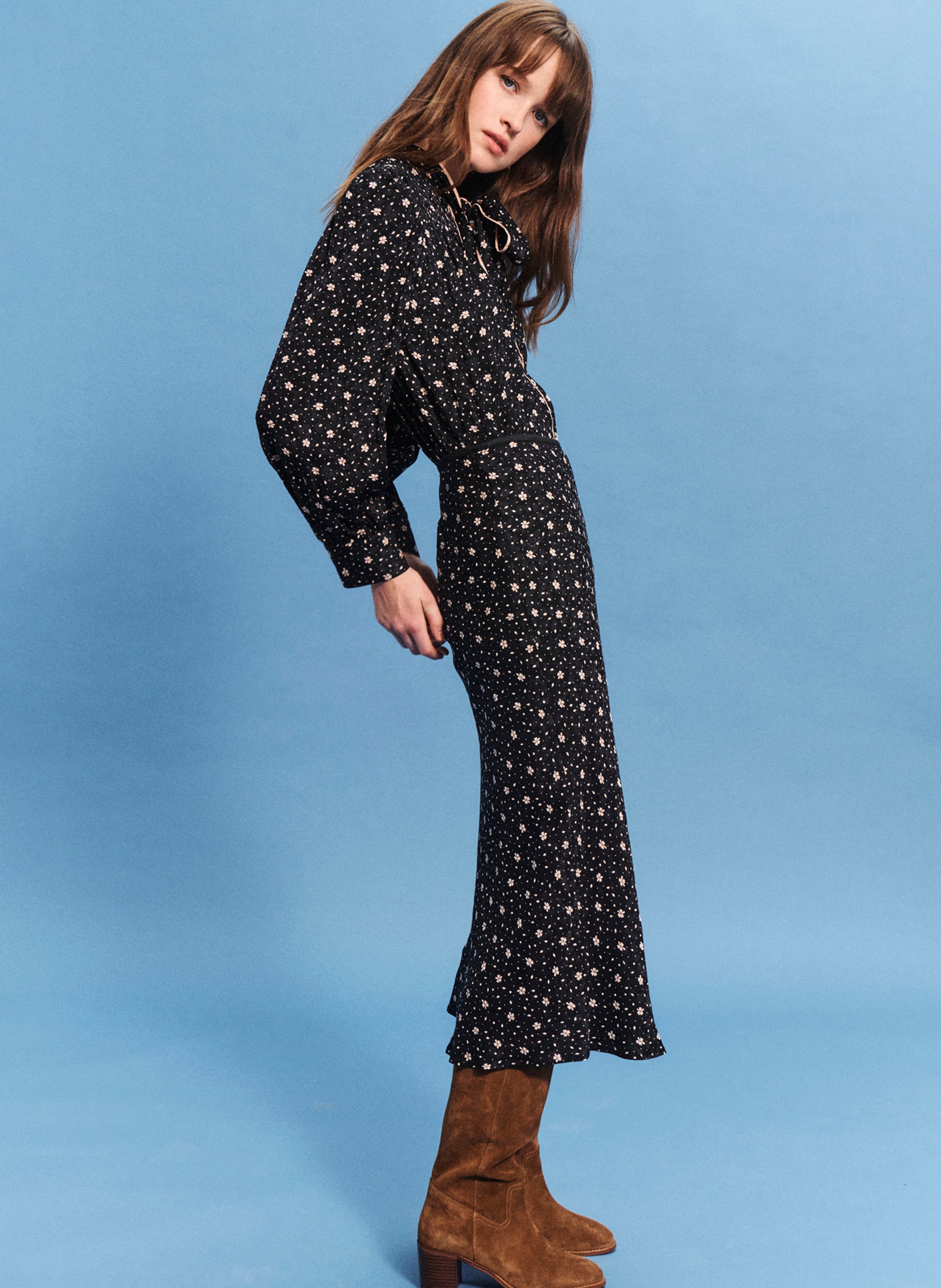 Jupe midi droit motif fleuri PABLO Noir