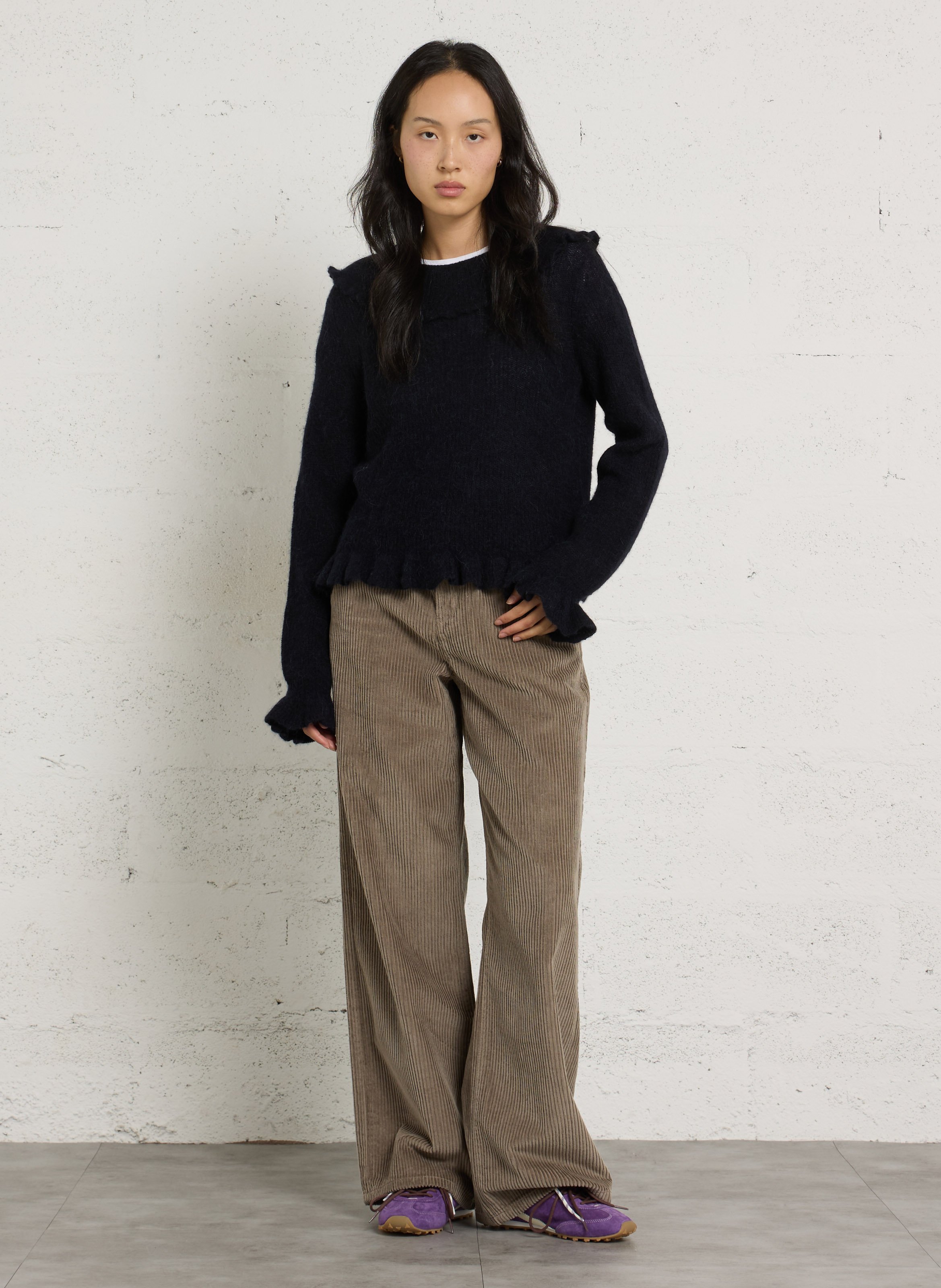 Ruffled collar jumper with a buttoned back in wool and silk DES PETITS HAUTS Blue