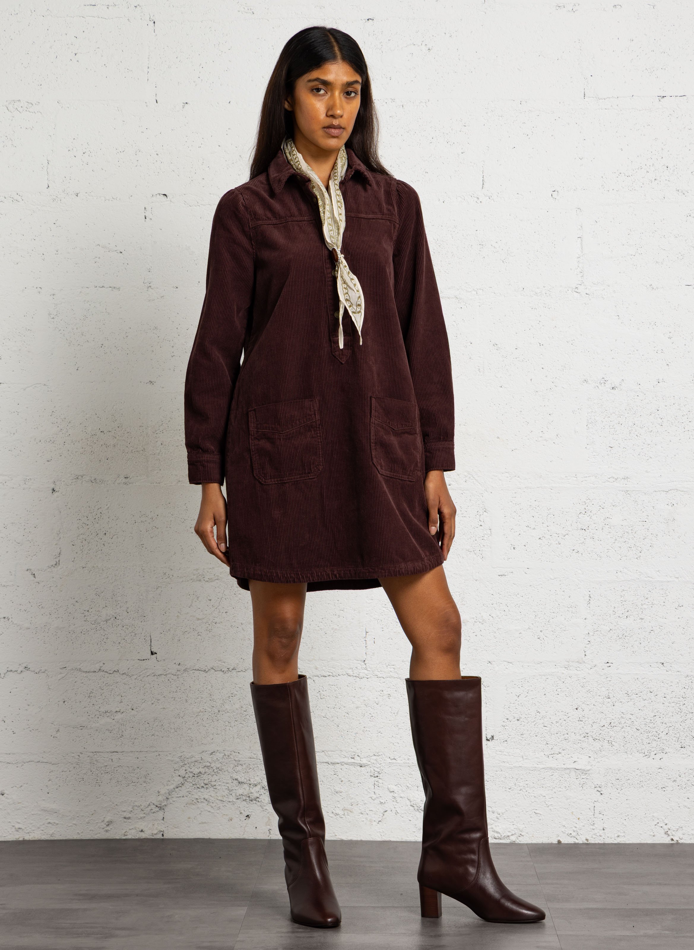 Straight ribbed cotton dress with a classic collar MAISON 123 Purple